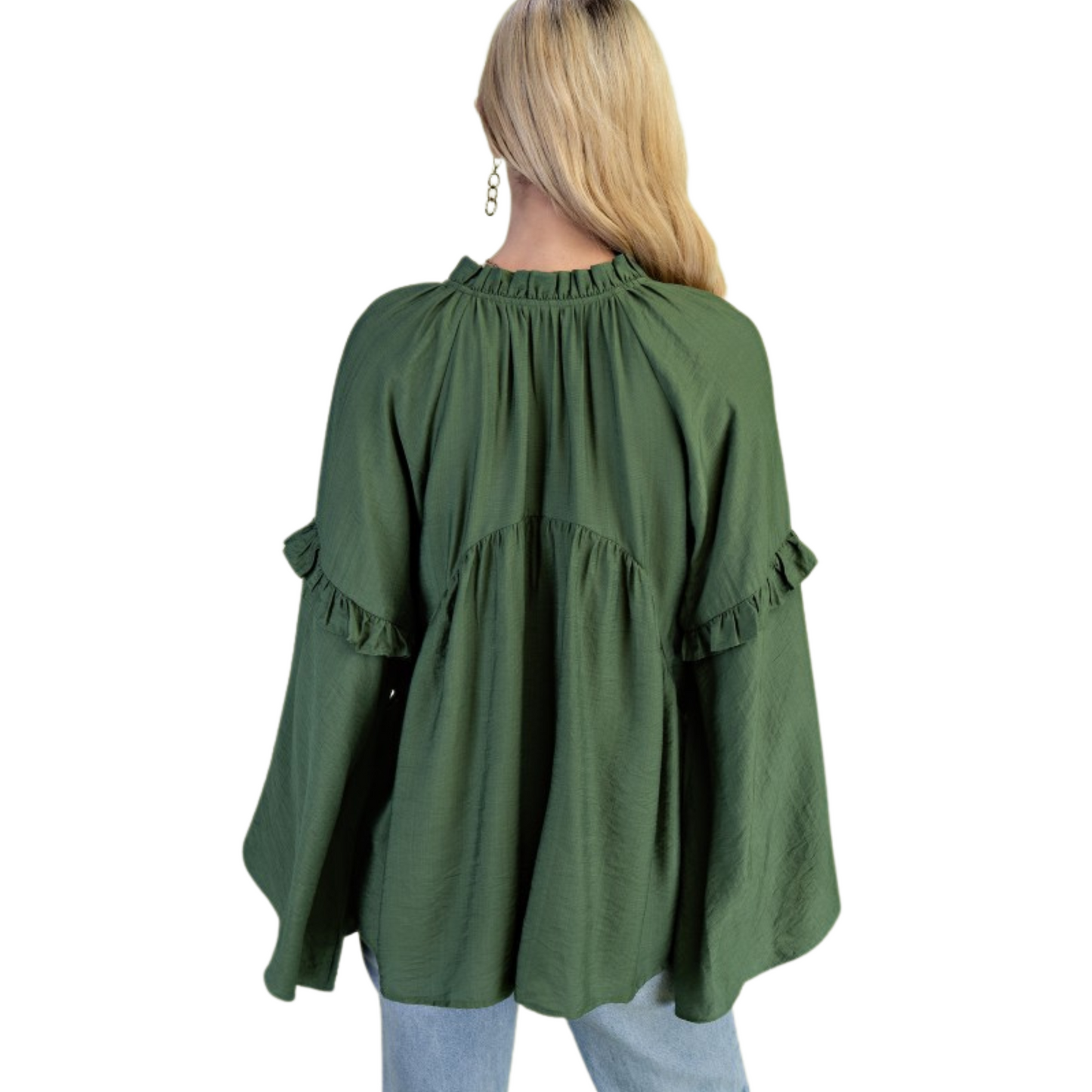 Elevate your wardrobe with the GiGio Tassel Neck Tie Top in a sophisticated sage green. Featuring elegant bell sleeves and a delicate tie neck, this top is adorned with charming rosettes at the front waist and intricate ruffle details, creating a refined, feminine silhouette perfect for both professional and social settings.