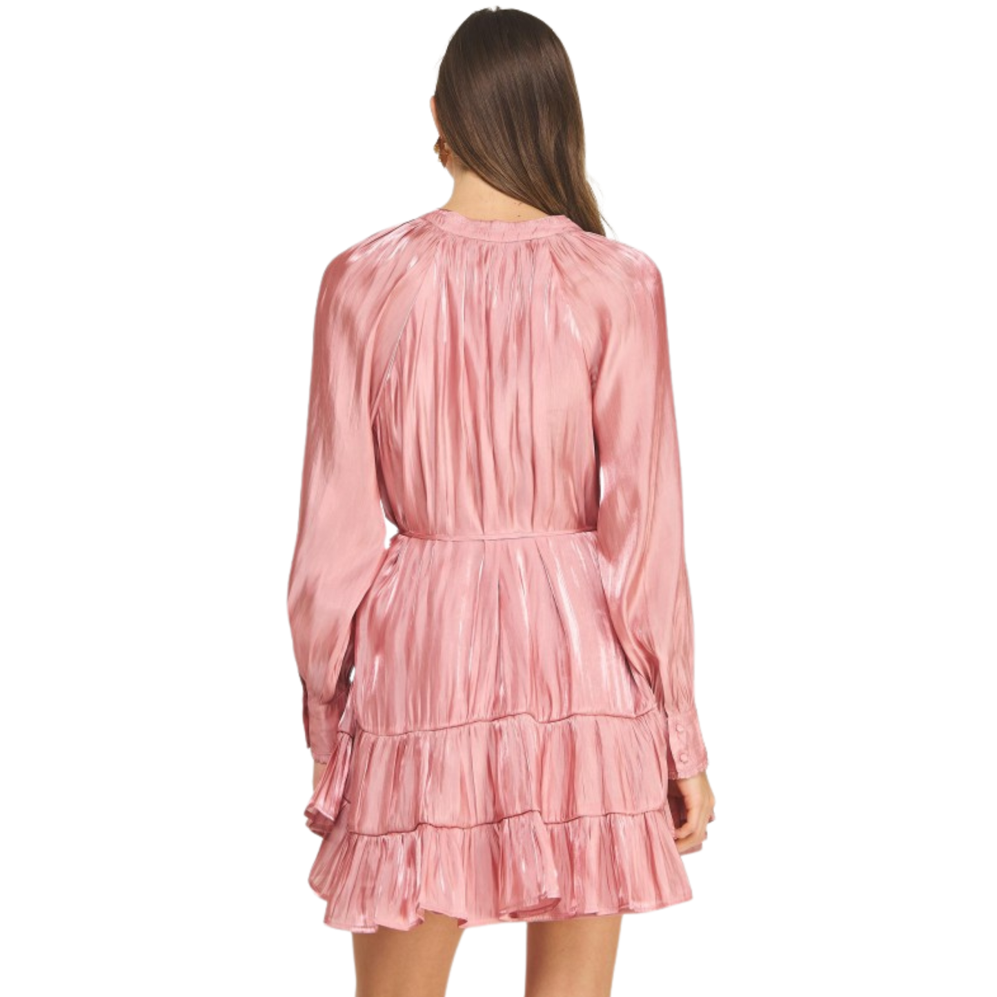 Elevate your evening wardrobe with this sophisticated tiered mini dress from Strut & Bolt. Crafted in luxurious satin, this piece features a refined button-front closure and long sleeves for versatile styling. The cascading tiered silhouette creates dimensional movement and visual interest, while the mauve hue offers a modern, understated elegance. Perfect for cocktail events, date nights, or elevated casual occasions, this dress transitions seamlessly from season to season.