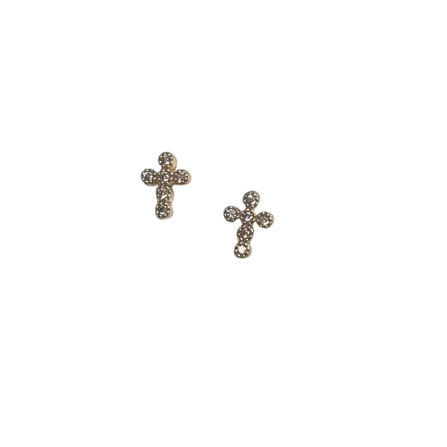 Delicate cross studs featuring sparkling rhinestone accents and cubic zirconia stones that catch the light beautifully. Each earring is crafted with a sterling silver post and finished with an 18k gold dip for a luxurious look. Perfect for everyday wear or layering with other pieces. From Perdido Gems, these tiny crosses add subtle spiritual elegance to any style.