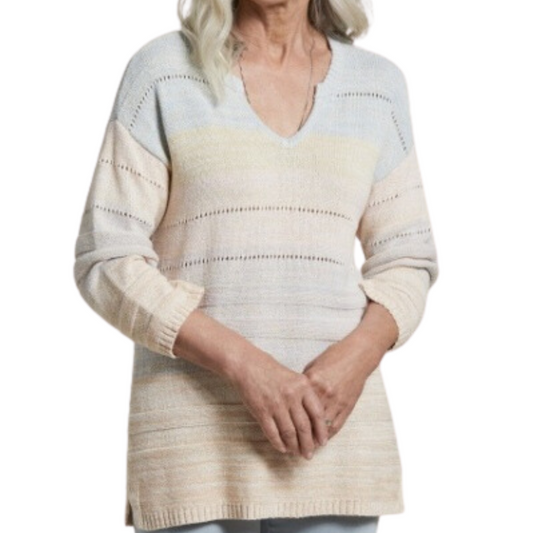 tribal brand striped sweater. multicolor with v neck and eyelets