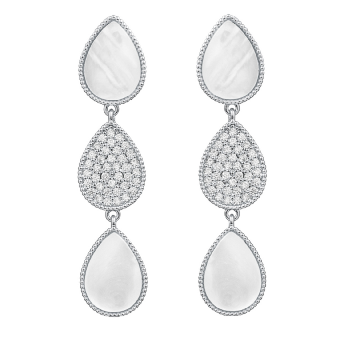 These elegant Triple Teardrop Pearl Earrings feature shimmering silver with sparkling rhinestone accents and lustrous mother of pearl. The dangle design adds sophistication to any look. Upgrade your style with these timeless teardrop shaped earrings.
