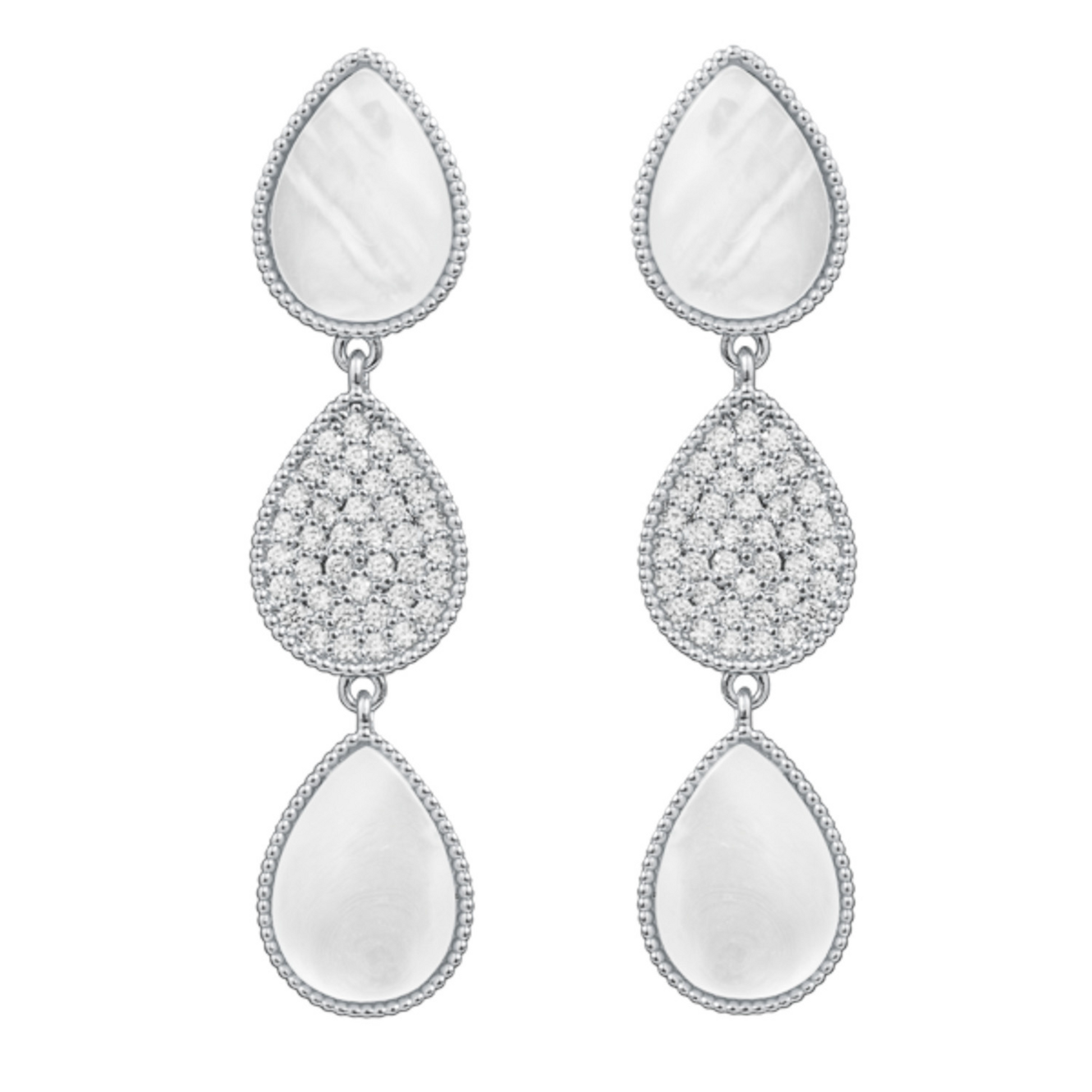 These elegant Triple Teardrop Pearl Earrings feature shimmering silver with sparkling rhinestone accents and lustrous mother of pearl. The dangle design adds sophistication to any look. Upgrade your style with these timeless teardrop shaped earrings.