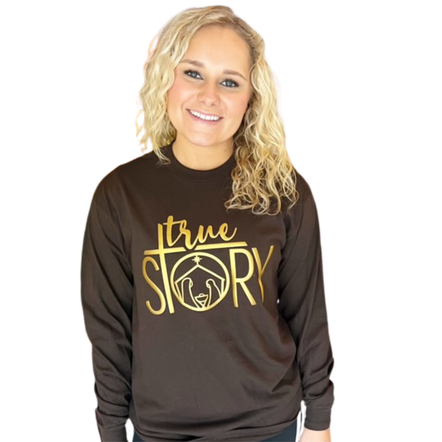 Brown long sleeved "True Story" graphic Christmas tee