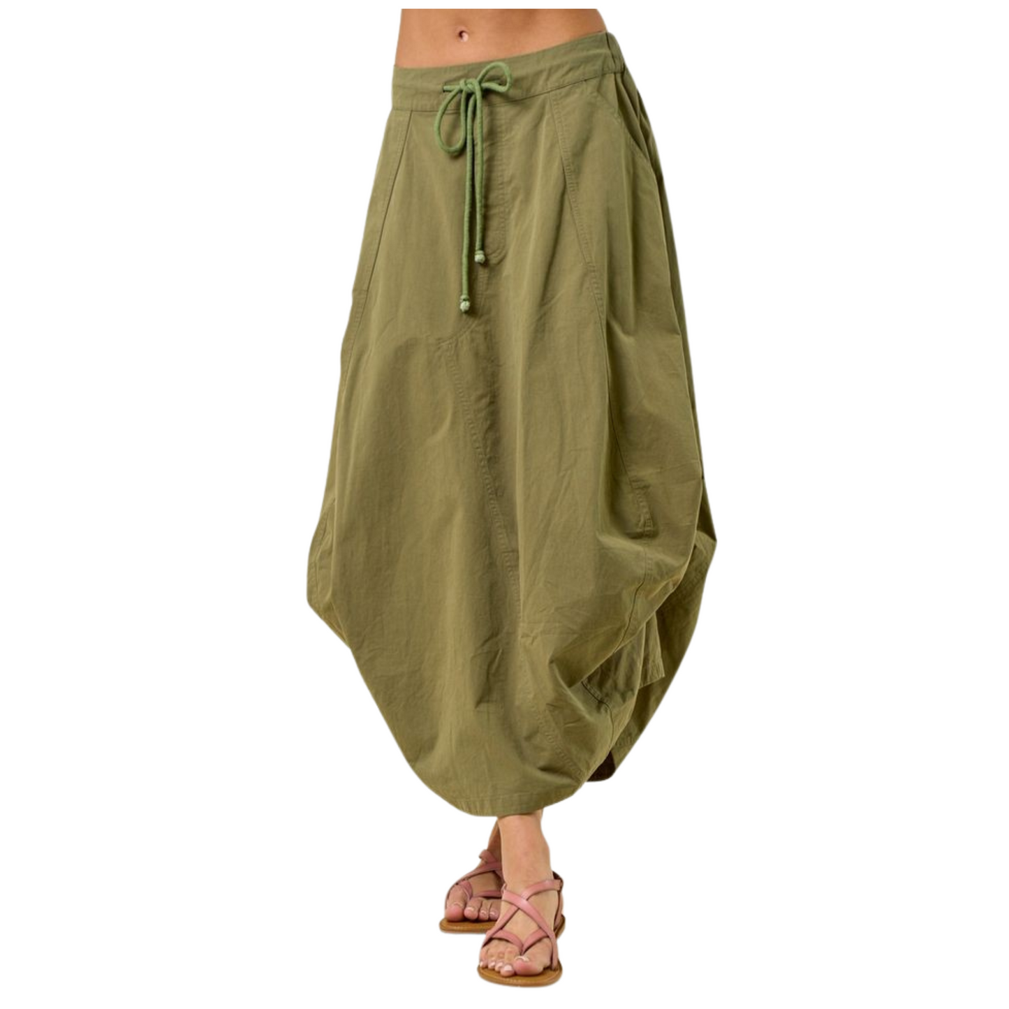 This olive-colored midi skirt from Doe and Rae features a sophisticated side tuck detail that enhances its silhouette with subtle dimension. The adjustable drawstring waist ensures a customizable, comfortable fit, making it ideal for both polished office looks and relaxed weekend wear. Crafted for style and ease, this skirt offers versatile elegance in a flattering mid-length cut.