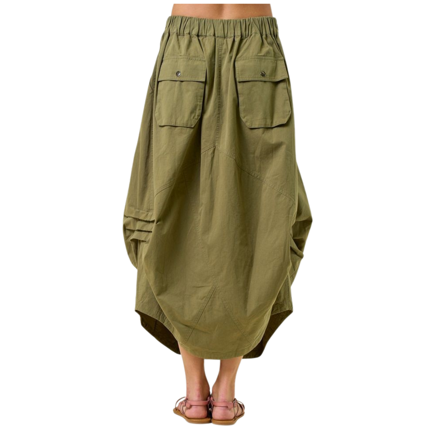 This olive-colored midi skirt from Doe and Rae features a sophisticated side tuck detail that enhances its silhouette with subtle dimension. The adjustable drawstring waist ensures a customizable, comfortable fit, making it ideal for both polished office looks and relaxed weekend wear. Crafted for style and ease, this skirt offers versatile elegance in a flattering mid-length cut.