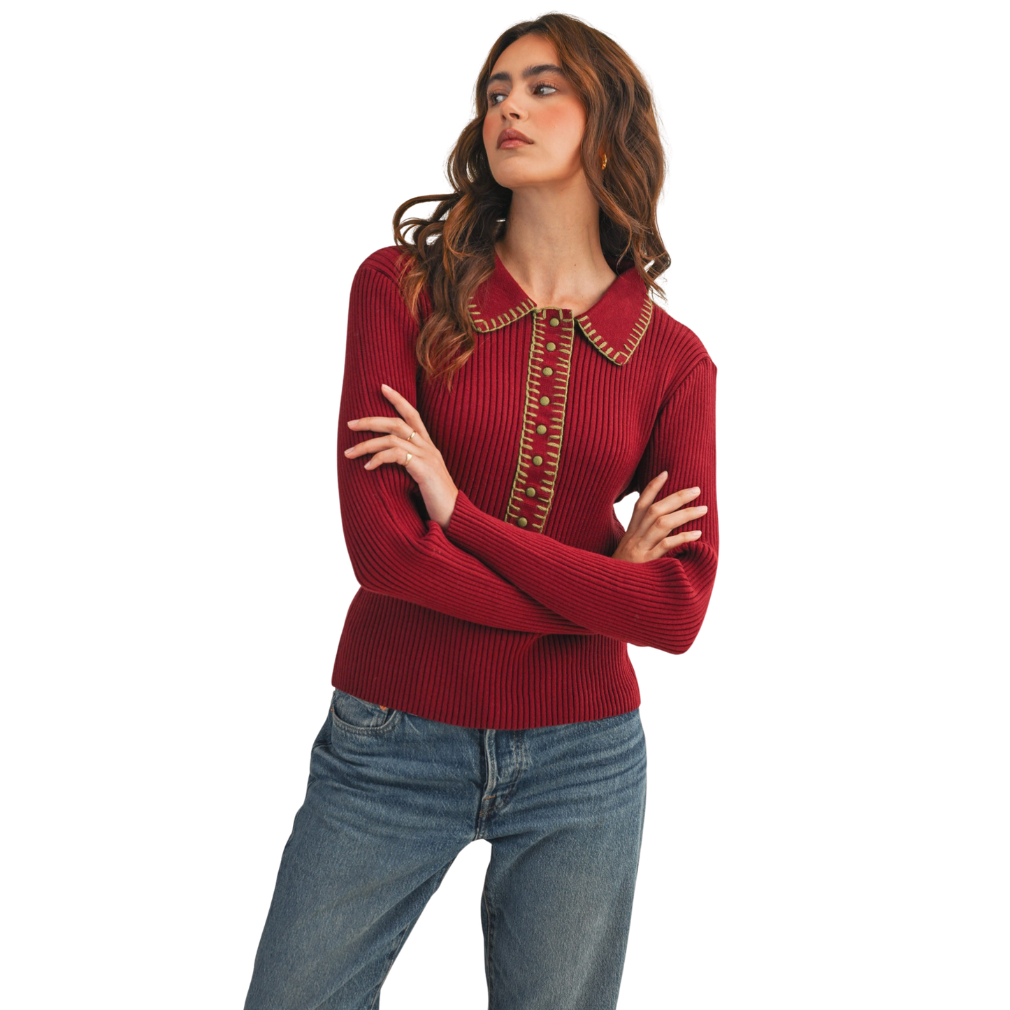 Elevate your everyday wardrobe with this mullberry collared ribbed sweater from &Merci. Crafted from quality ribbed knit fabric, this long-sleeve piece offers a refined silhouette with thoughtful contrast stitching that adds visual interest and dimension. The structured collar and fitted ribbed construction create a polished look suitable for both professional and casual settings. A versatile essential that pairs effortlessly with tailored trousers, denim, or layered pieces for year-round styling.