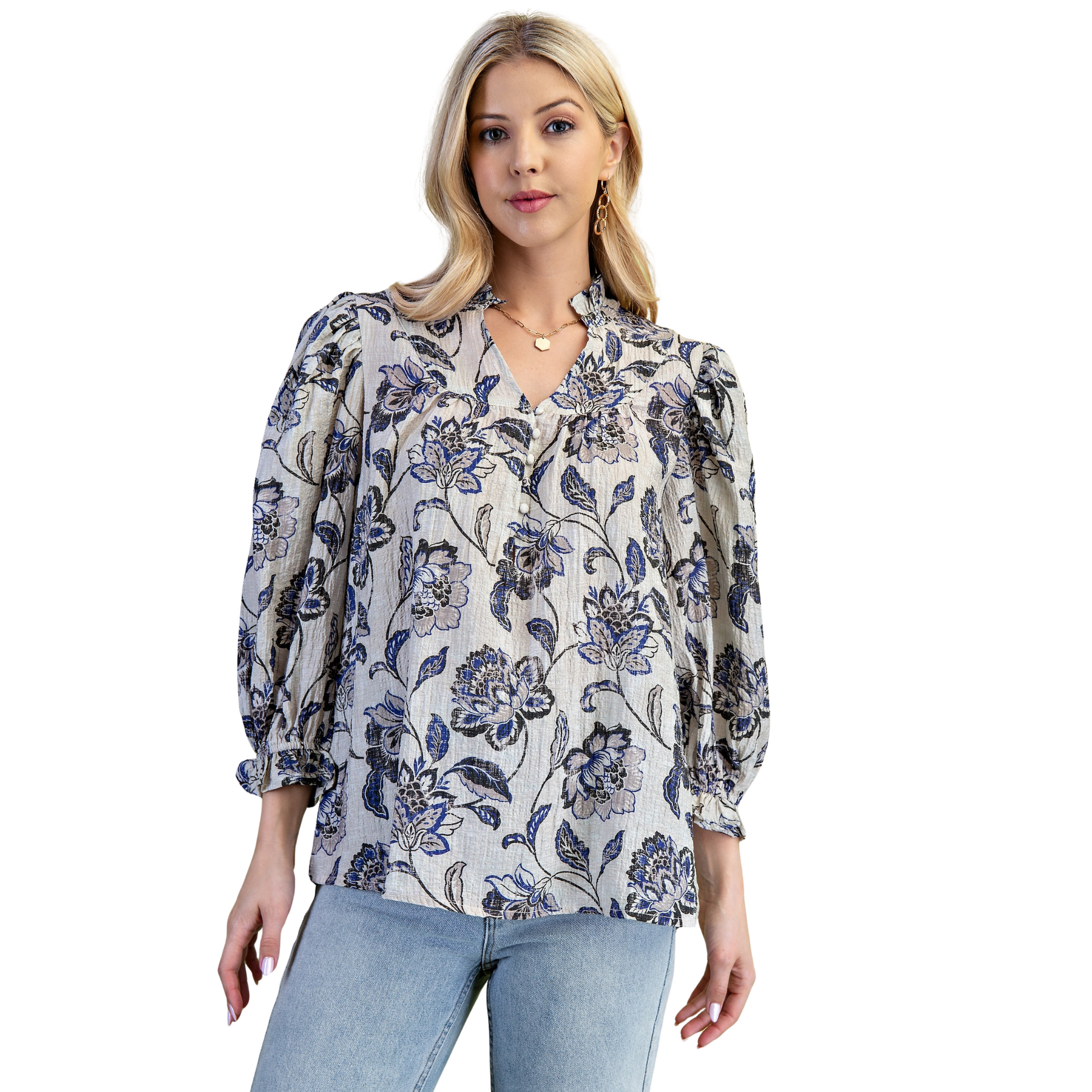 This Vintage Floral Blouse by GiGio showcases a timeless floral print paired with elegant 3/4 length sleeves, offering a balance of style and comfort. Crafted to provide a flattering fit, it’s an expert choice for layering or wearing alone in any season. Ideal for those seeking a classic yet sophisticated addition to their wardrobe.