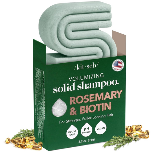 Experience fuller, stronger hair with Kitsch's Volumizing Solid Shampoo. Formulated with rosemary and biotin, this natural shampoo bar strengthens and thickens all hair types. Made in the USA and vegan, it is free from parabens and sulfates. Say goodbye to limp locks and hello to voluminous, healthy hair.