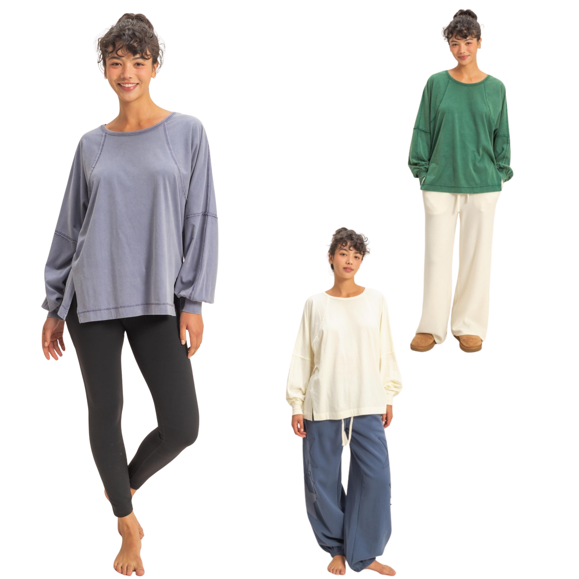 This GiGio brand sweatshirt combines comfort and style with its washed oversized fit and long sleeves. Designed with side slits for ease of movement, it offers a relaxed yet polished look. Available in cream, dark green, and dusty indigo, this versatile top enhances any casual wardrobe with its subtle color options and breathable fabric.