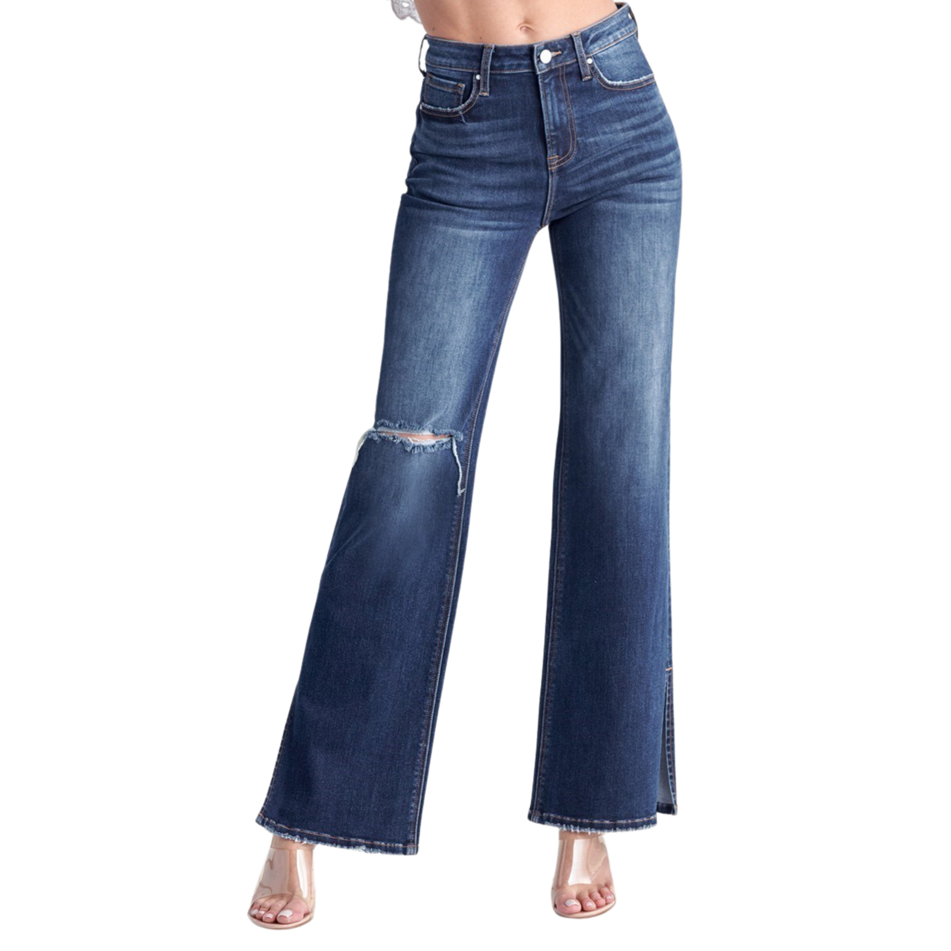 Our High Rise Distressed Wide Flare Jeans are the perfect combination of style and comfort, constructed from durable dark wash denim. The high rise accentuates your figure while the distressed details and wide flare provide an on-trend look. Dress it up or dress it down - you can't go wrong either way.