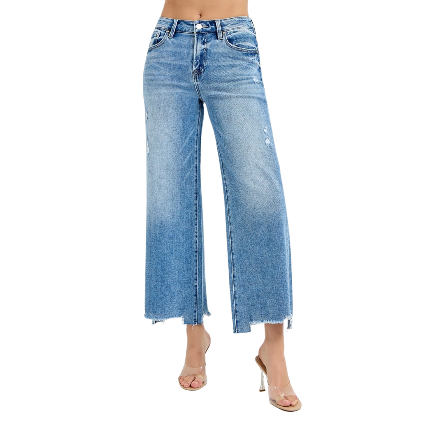 These Risen brand cropped wide-leg jeans feature a high-rise fit and a versatile medium wash, offering a modern silhouette that balances comfort and style. The wide leg design allows for ease of movement and pairs effortlessly with various tops, while the cropped length adds a contemporary touch ideal for showcasing footwear. Perfect for creating polished, everyday looks with expert-level fashion appeal.