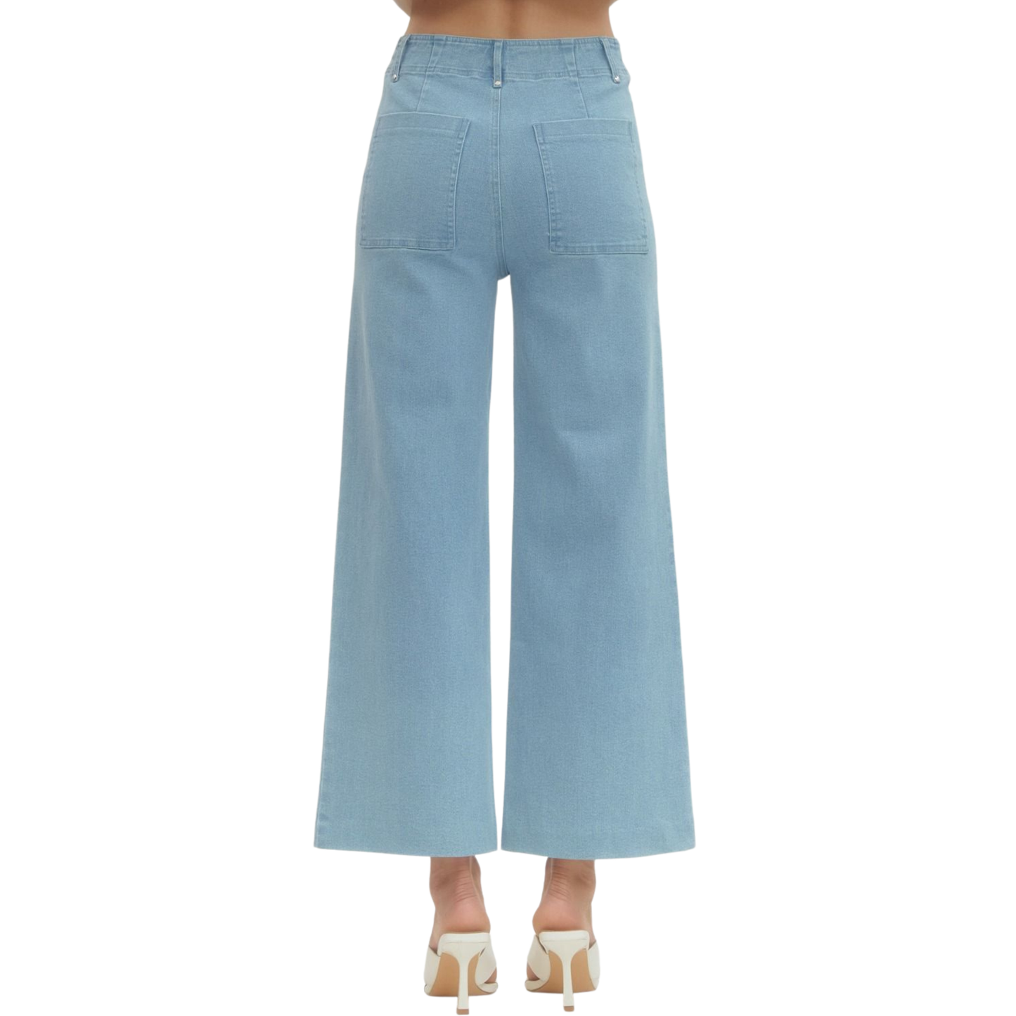 Elevate your everyday style with these High Rise Wide Leg Pants from Entro. Designed in a soft light blue hue, these pants feature a flattering high-rise waistband that elongates your silhouette while the wide-leg cut provides comfortable, effortless movement. Perfect for creating versatile looks—dress them up with heels and a blouse or keep it casual with sneakers and a tee. A wardrobe essential that combines contemporary design with all-day wearability.