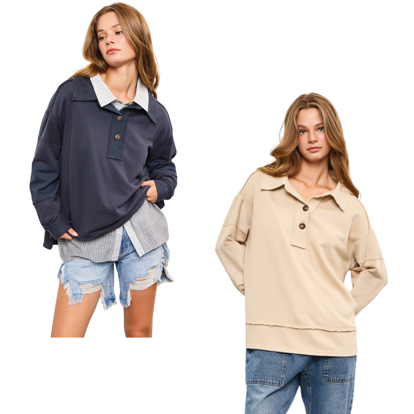 The Mustard Seed Wide V-Neck Top is a stylish and versatile addition to your wardrobe. Available in navy or beige, this top features a wide v-neck and button detail for added style. The long sleeves make it perfect for cooler weather, while the Mustard Seed brand ensures quality and fashion.