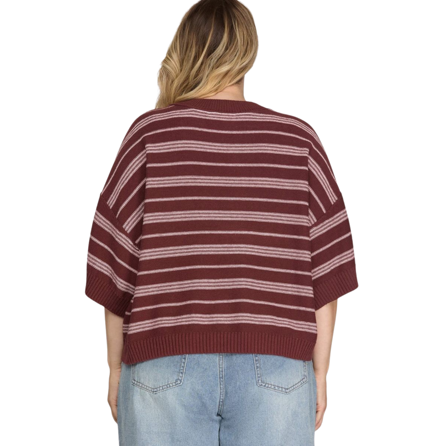 Elevate your everyday style with this wine-colored striped knit sweater top from She+Sky. Designed for the modern plus-size figure, this piece features comfortable half sleeves and a flattering fit that works for any occasion. The classic striped pattern adds visual interest while the soft knit fabric keeps you cozy and confident. Perfect for layering or wearing solo, this versatile sweater top is a wardrobe essential that transitions seamlessly from season to season.