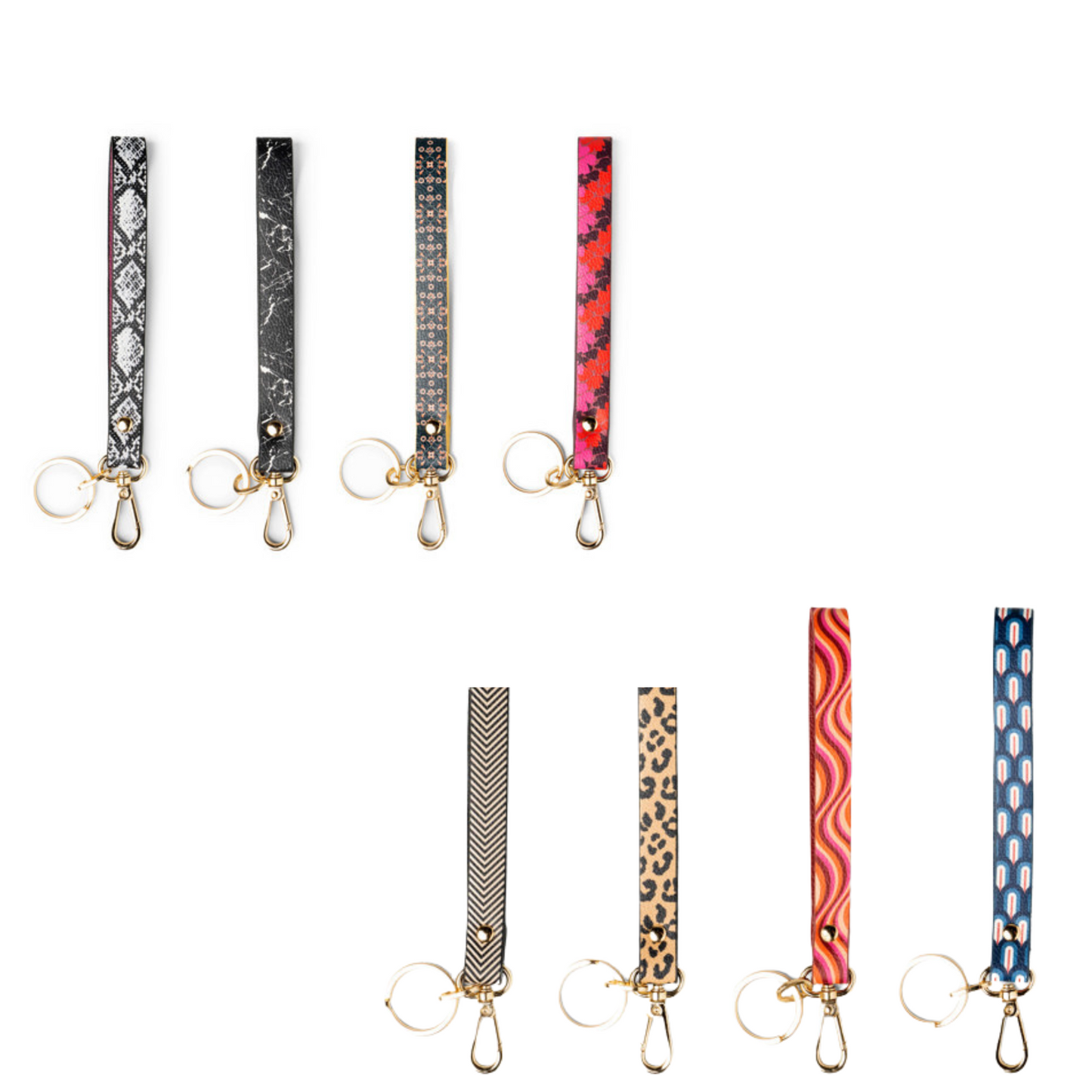 Our Eclipse Interchangeable Wristlet Straps are the perfect complement to your Kedzie Crossbody and Tandem Clutch. Crafted from distinctive printed vegan leather and featuring a durable keyring and branded swivel-snap clip, these wristlets are designed to be stylish and long-lasting. Plus, they come with peggable hardware and a boutique hang tag, as well as a Kedzie Rotating Counter Display with qualifying opening orders.