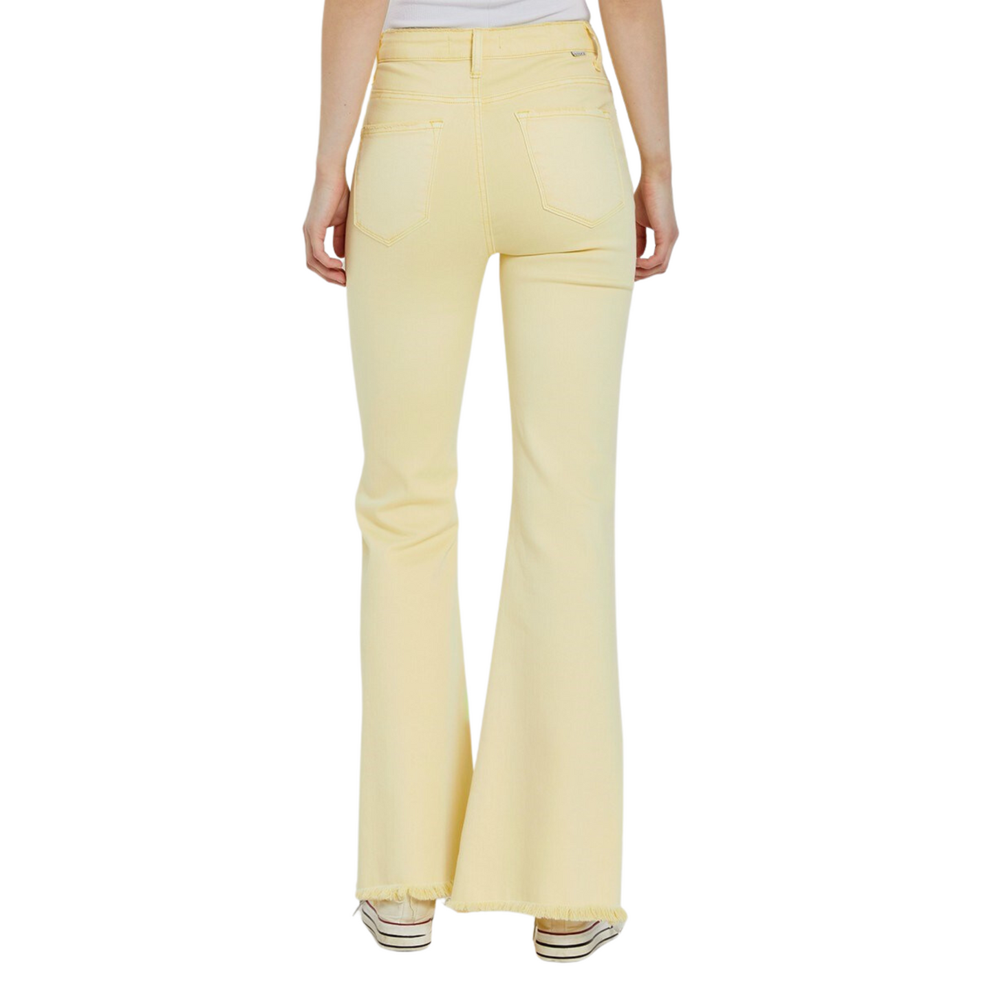 Enhance your look with these stylish High Rise Colored Flared Jeans. Featuring a pale yellow color with side slit design, these jeans are made from a high-quality risen brand fabric providing comfort and a perfect fit. Make a statement with these fashionable jeans!