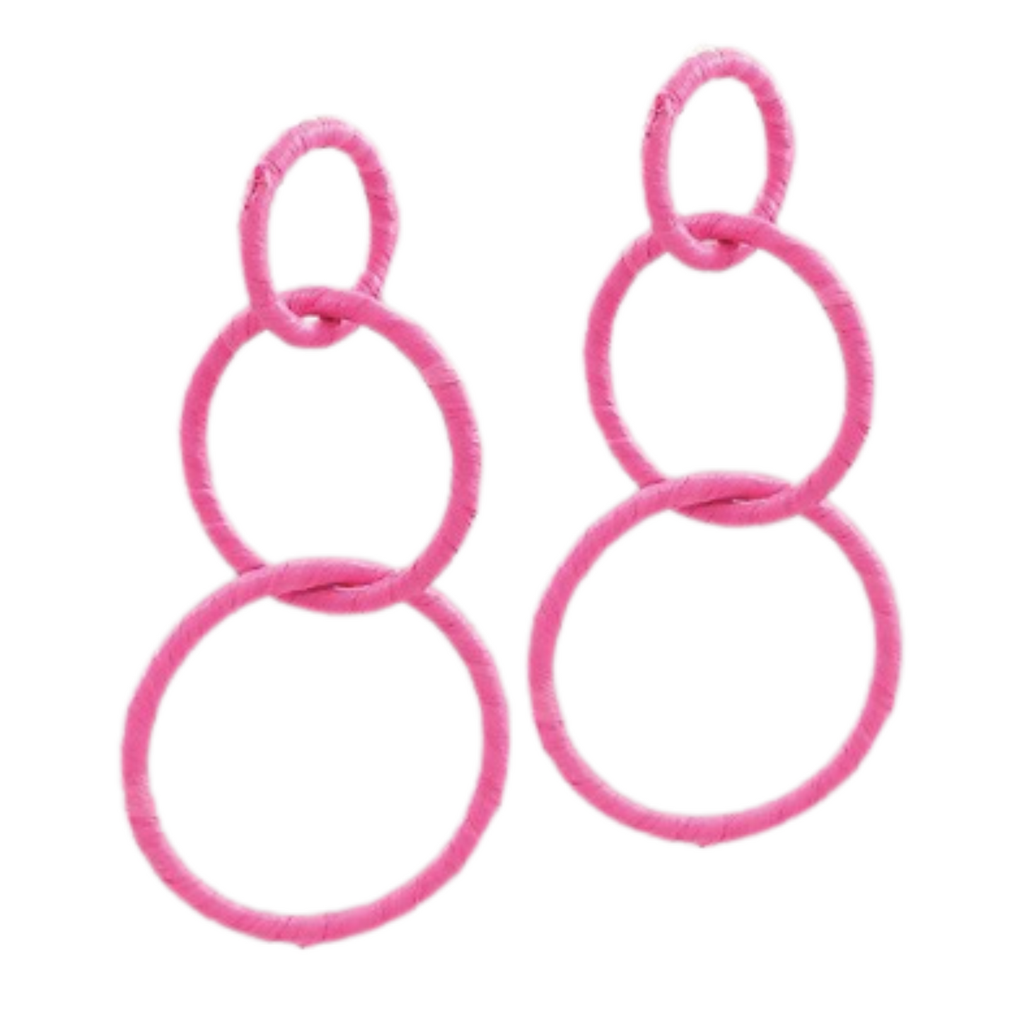 These Wrapped Raffia 3 Circle Drop Earrings offer a unique and stylish addition to any outfit. The raffia wrapping adds a natural touch, while the fuchsia color brings a pop of boldness. The dangling design creates movement and adds interest to your look. Elevate your style with these statement earrings.
