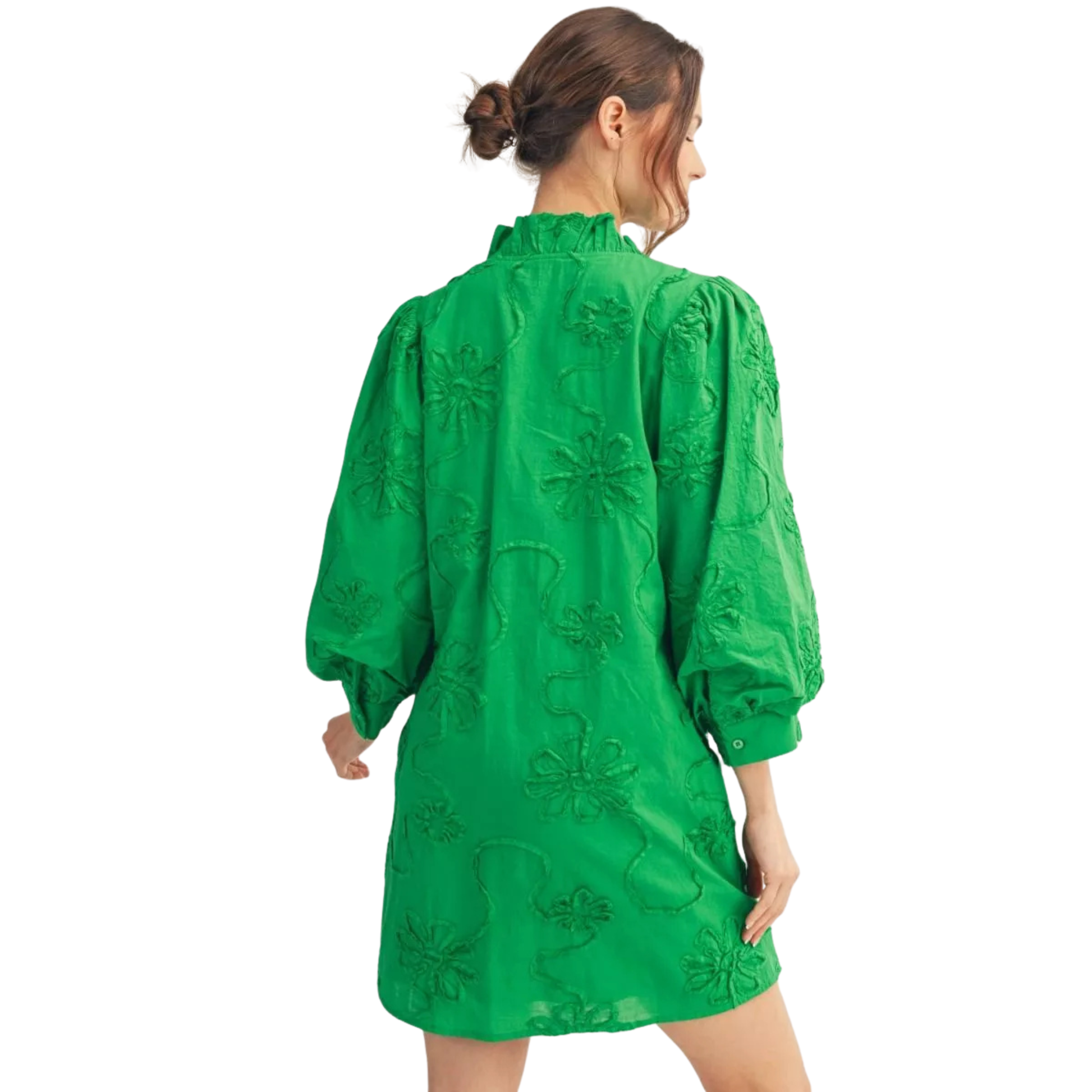 Elevate your wardrobe with this stunning 3-D Floral Dress by Jodifl. Featuring a vibrant green base adorned with dimensional floral print, this mini dress combines playful style with sophisticated details. The puff sleeves add a romantic touch, while the ruffled neckline frames your face beautifully. Perfect for brunch dates, garden parties, or any occasion where you want to make a memorable impression. A versatile piece that transitions effortlessly from day to night.