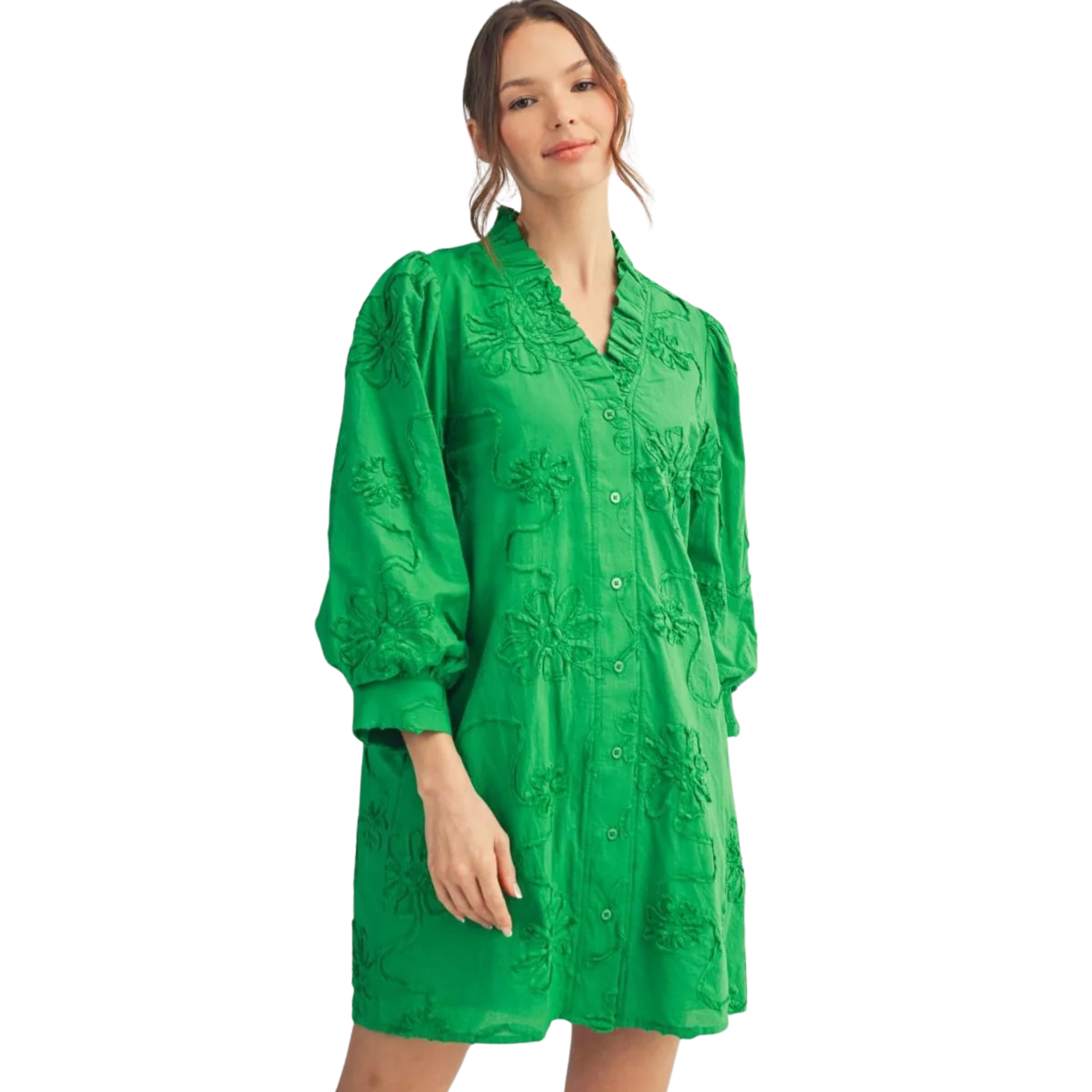 Elevate your wardrobe with this stunning 3-D Floral Dress by Jodifl. Featuring a vibrant green base adorned with dimensional floral print, this mini dress combines playful style with sophisticated details. The puff sleeves add a romantic touch, while the ruffled neckline frames your face beautifully. Perfect for brunch dates, garden parties, or any occasion where you want to make a memorable impression. A versatile piece that transitions effortlessly from day to night.