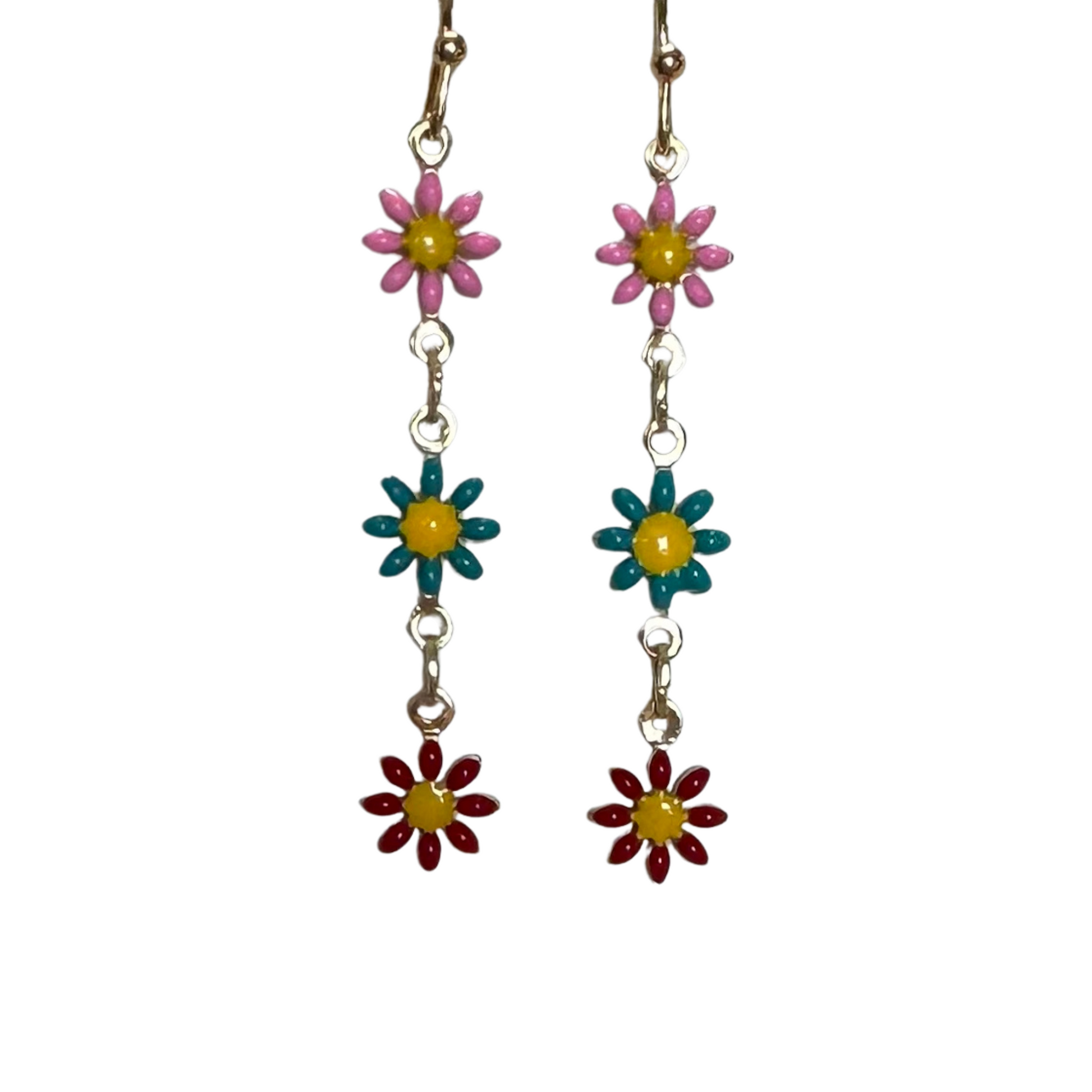 These elegant Triple Flower Dangle Earrings feature delicate, gold plated dangles adorned with colorful flowers. Add a touch of sophistication to any outfit with these dainty earrings. Perfect for any occasion, these earrings are a must-have in your jewelry collection.