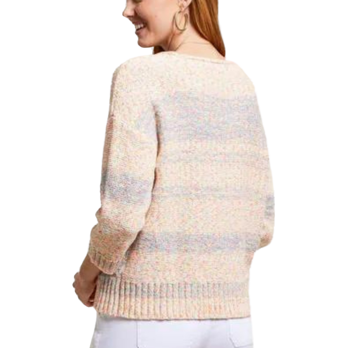 This lightweight 3/4 sleeve sweater features a classic scoop neckline and a stylish palm tree pattern knit into the fabric. Its cozy fabric makes it perfect for year-round wear.