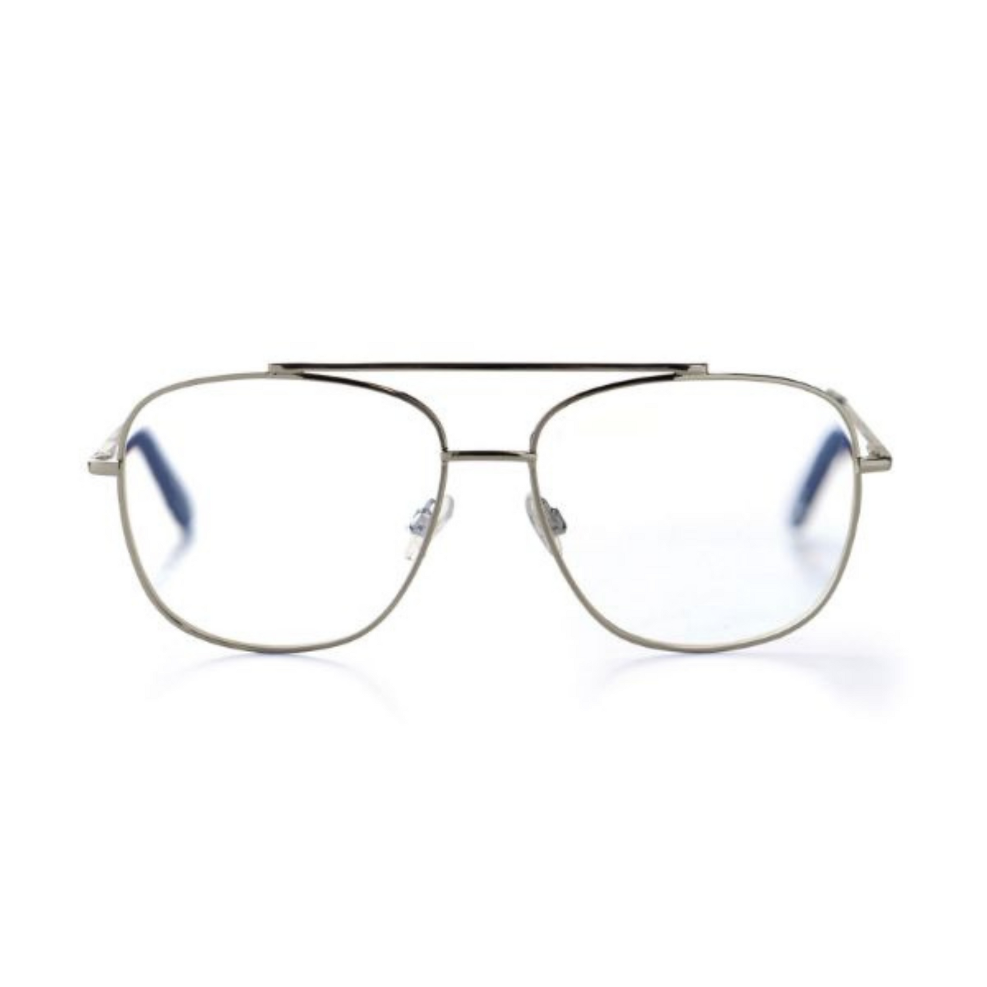 thin silver rimmed reading glasses with silver bar accent. This style is called Avery