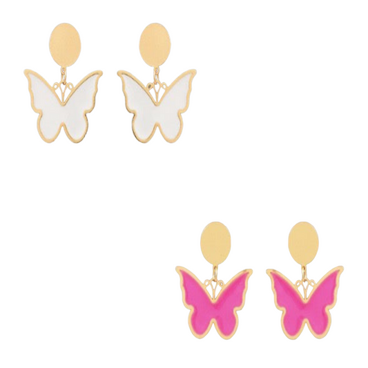 These Colored Butterfly Dangle Earrings feature a unique, butterfly pendant and come in two striking colors; pink and white. A great addition to any wardrobe, the earrings have a secure dangle design so you don't have to worry about your look. Put the finishing touch on your outfit with these statement earrings!