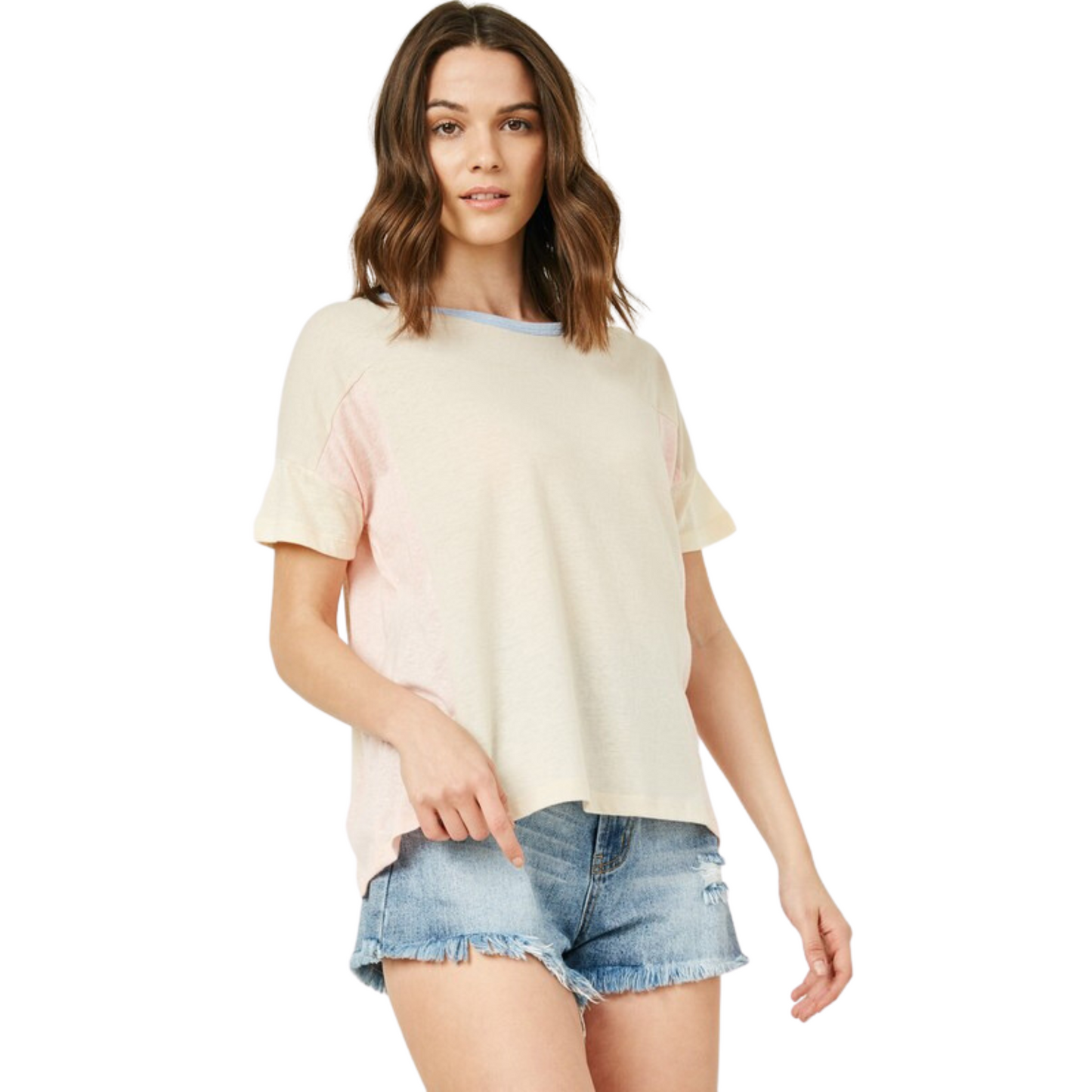 This Color Block Knit Tee has a classic look, featuring an off-white color and short sleeve design. Perfect for everyday wear, this basic tee is made with quality fabric that's soft and breathable, providing both comfort and style.