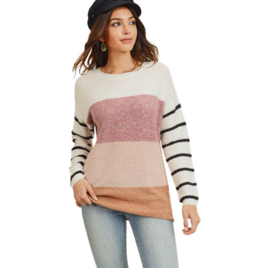This Color Block Striped Sleeve Sweater is designed with minimalist sophistication in mind. The black and white striped sleeves add an eye-catching element, while the neutral colors keep the design subtle and stylish. Its soft material makes it comfortable to wear all day long.
