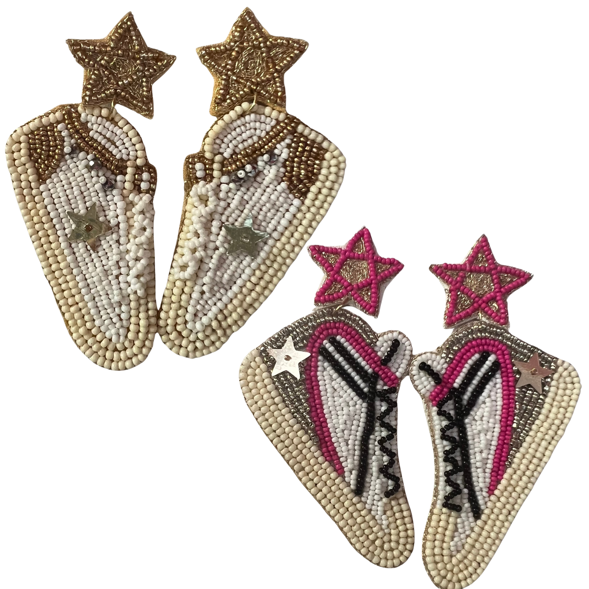Adorn yourself with these exclusive Converse-inspired earrings. In classic black and pink or gold and white, they feature beaded shoes that will inject a fashionable edge to any ensemble. Show your unique style with these trendy earrings.