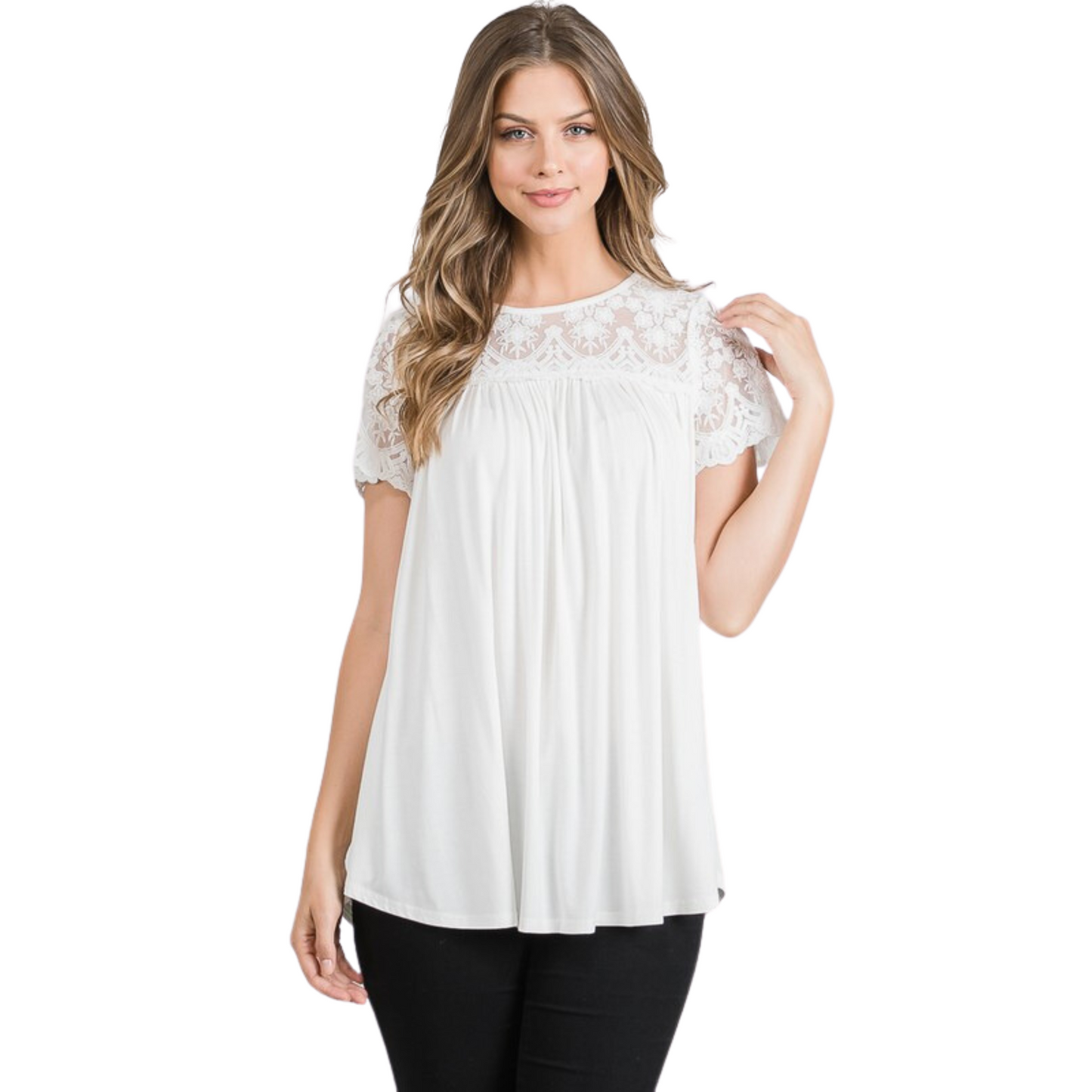 Enjoy the effortless elegance of our Crochet Lace Knit Top. Crafted with a lightweight knit fabric, this top features delicate lace detailing, perfect for the warmer months. In the timeless shade of white, this piece is sophisticated and classic.
