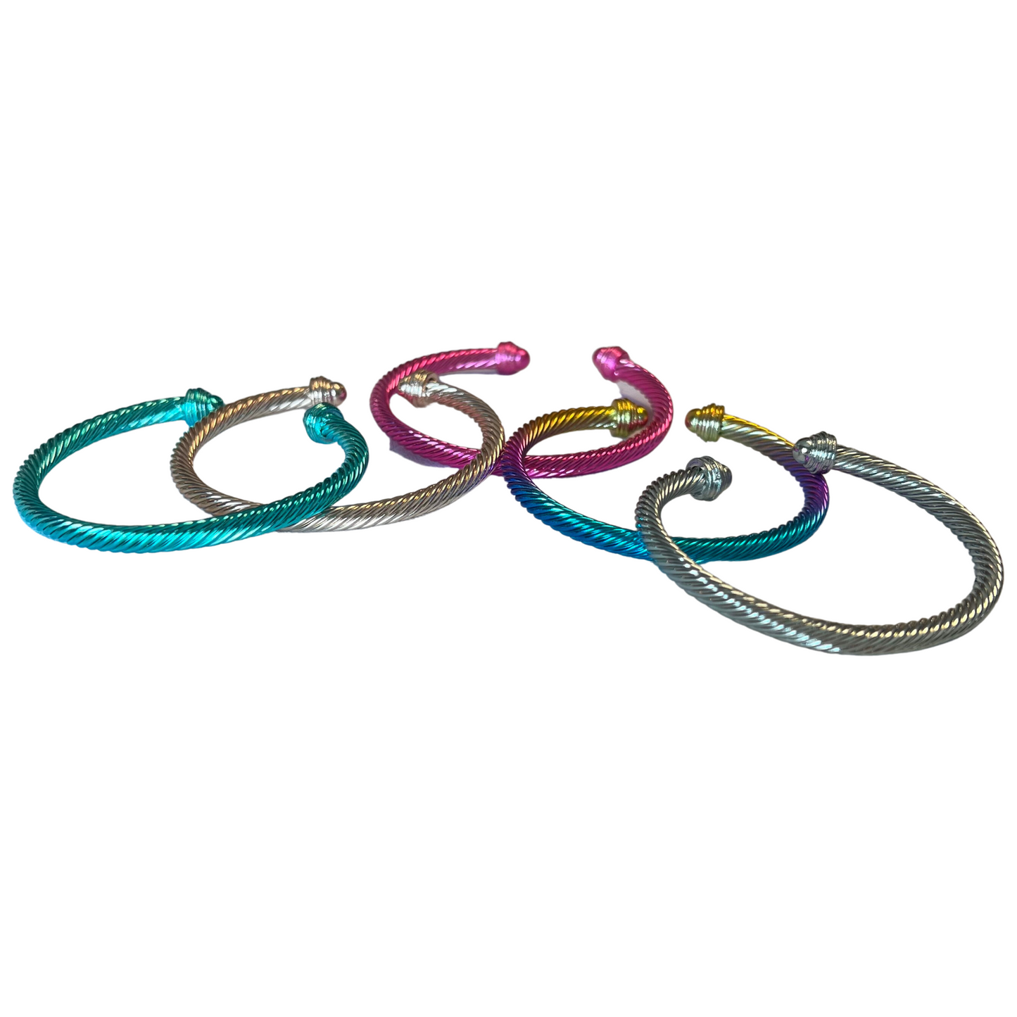 Introducing Cuff Bangles - a stylish accessory for any look. These bangles come in five different colors - multicolor, silver, gold, blue, and pink - so you can find the perfect hue to match your style. Crafted with quality materials, these bangles are perfect for making any look stand out.