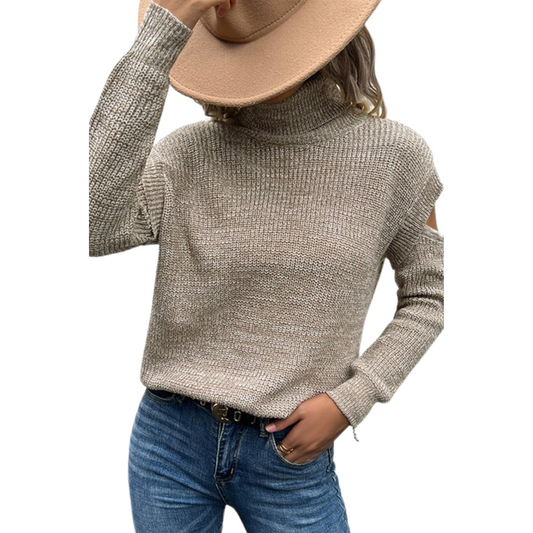 This Cut Off Detailed Turtleneck Sweater is both stylish and practical. It has tasteful ribbed detailing and a turtleneck for added warmth. The taupe color is subtle and versatile, perfect for any outfit.