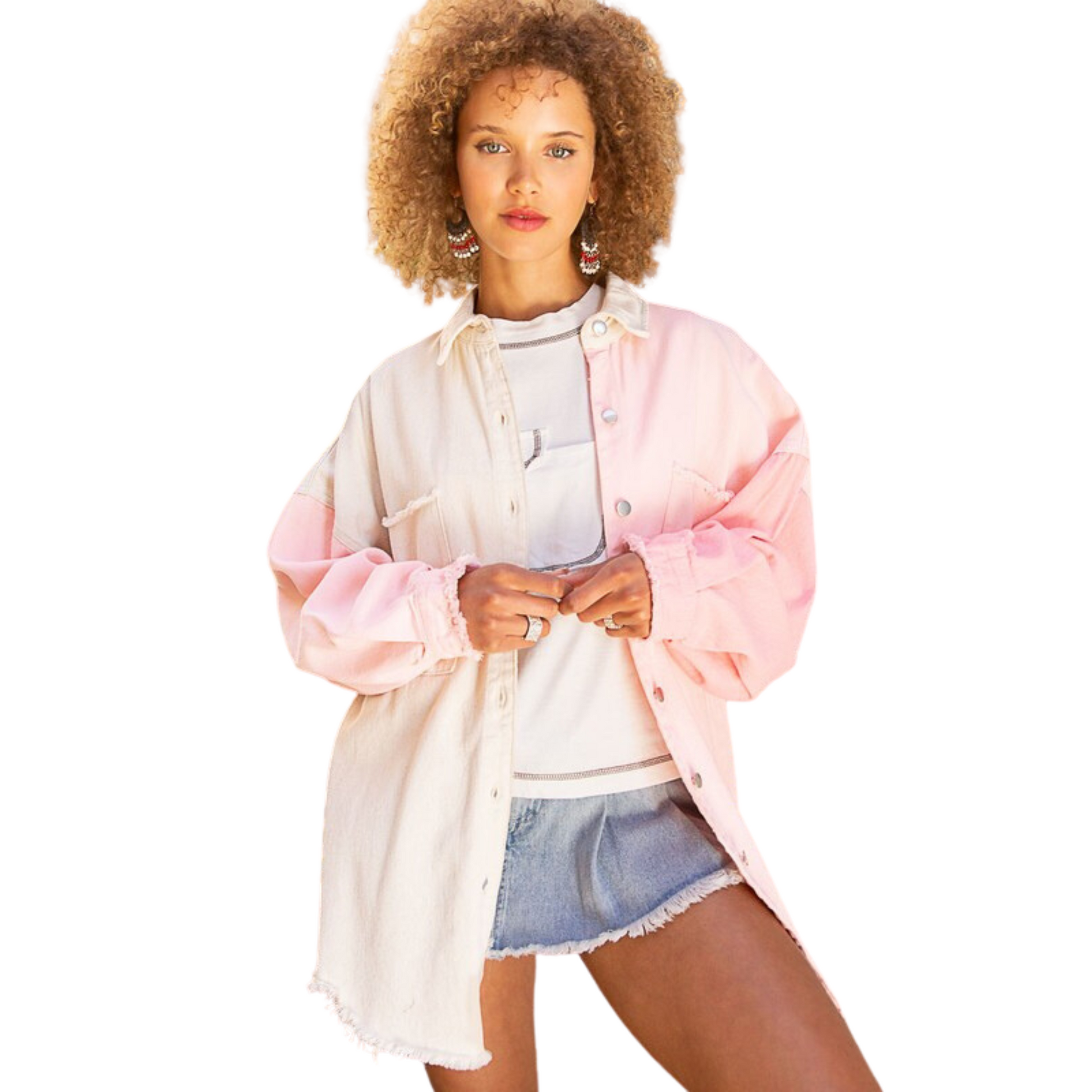 Experience the perfect mix of classic and modern styling with this pink sleeve denim jacket. Crafted from white denim fabric, it features a timeless button-up design. Elevate any look and make a statement with this fashionable and timeless piece.