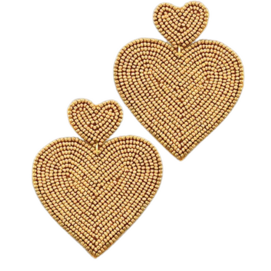 These elegant Double Heart Beaded Earrings are sure to make you stand out. Crafted from gold-colored beads, these dangle earrings will add a touch of class to any look. With their classic design, these earrings will be a timeless addition to your jewelry collection.