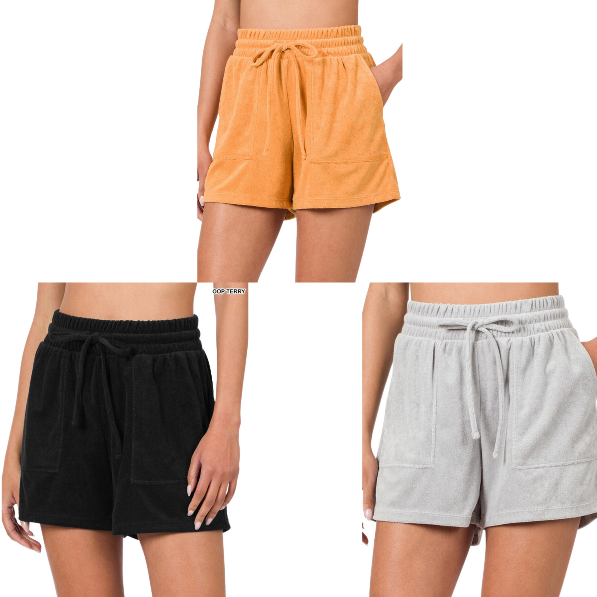 Our Drawstring Shorts are comfortable and stylish, showcasing an elastic waist and drawstring fastening for an adjustable fit. Crafted from soft terry cloth in muted mustard, grey, and black hues, these classic shorts are perfect for everyday wear.