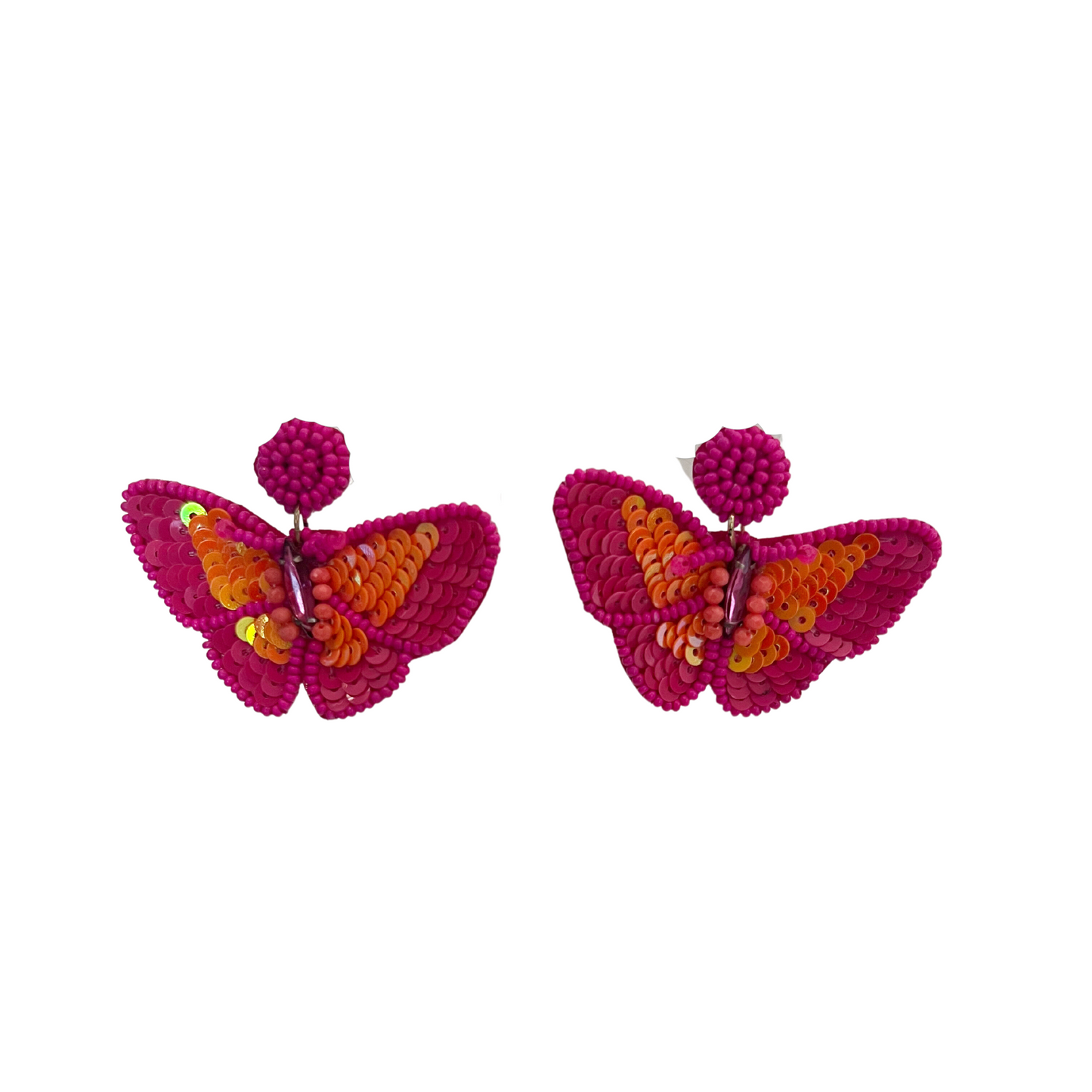 Add a beautiful and vibrant touch to any look with these Drop Beaded Butterfly Earrings. Light and airy, these earrings are made of pink and orange sequins for a delicate, luxurious look and feature dangle design for a timeless, classic style. Perfect for adding some elegant sparkle to any ensemble.