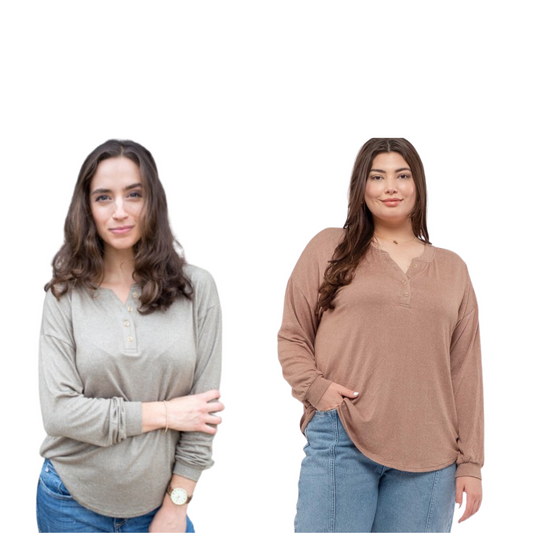 This Drop Sleeve Button Top offers a fashionable and comfortable fit. With options in both cocoa and olive colors and plus size availability, you can find the perfect top suitable for any occasion. Its V-neck design and drop sleeve give it a stylish look that is sure to turn heads.