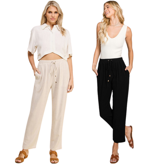 Our Elastic Waist Soft Linen Pants are the perfect blend of comfort and style. Crafted from lightweight and breathable linen blend fabric with an elastic waistband and cropped length, they are an ideal addition to any modern wardrobe. Choose from black or natural colors.