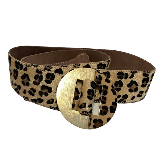 This Fabric Leopard Belt is perfect for completing any outfit. It features a beautiful leopard print and a golden metal buckle. Express your own individual and unique style with this fashionable statement piece.