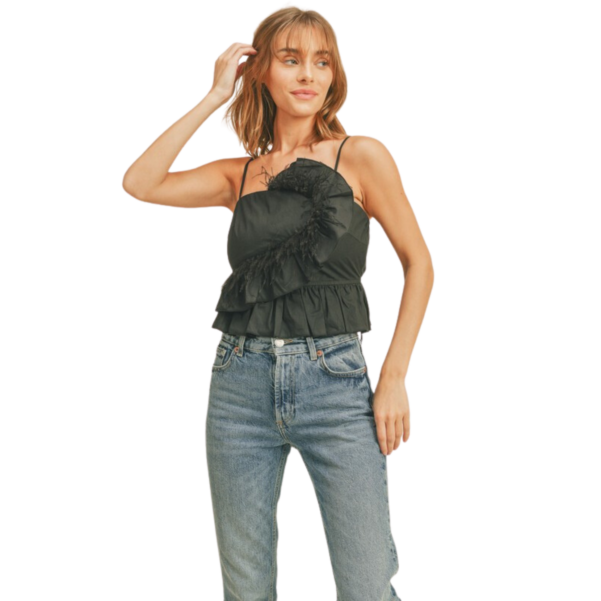 Look beautiful in our Feather Trim Cami Top. This elegant top is designed with ruffled and cropped details for a chic look. Soft spaghetti straps complete the design, making this the perfect addition to any wardrobe. The timeless black color makes it versatile and easy to pair with any outfit.