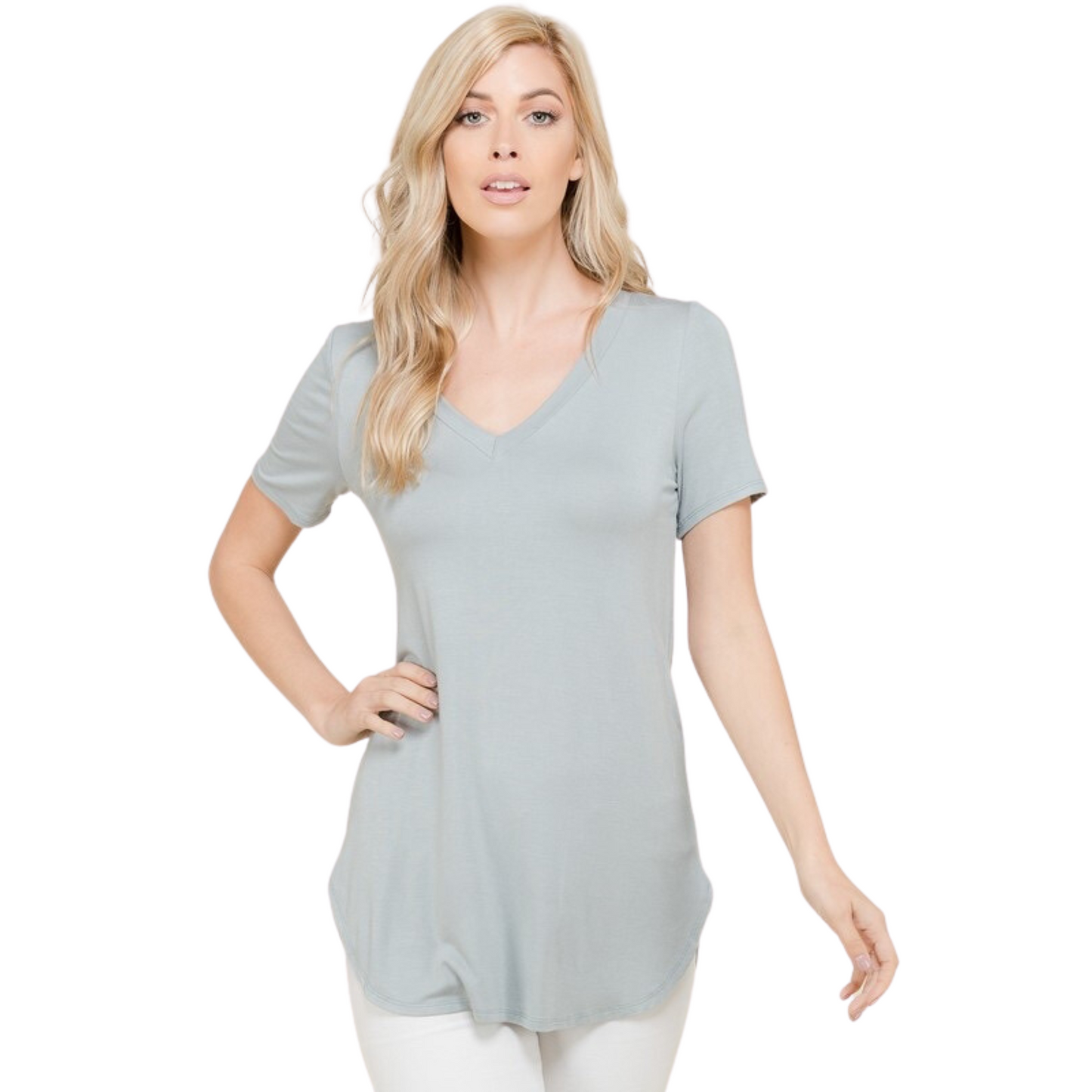 This Fitted V-Neck Tee is designed with plus size women in mind. With a variety of colors available, there is something for everyone. The flattering cut ensures a smooth silhouette for a flattering look.