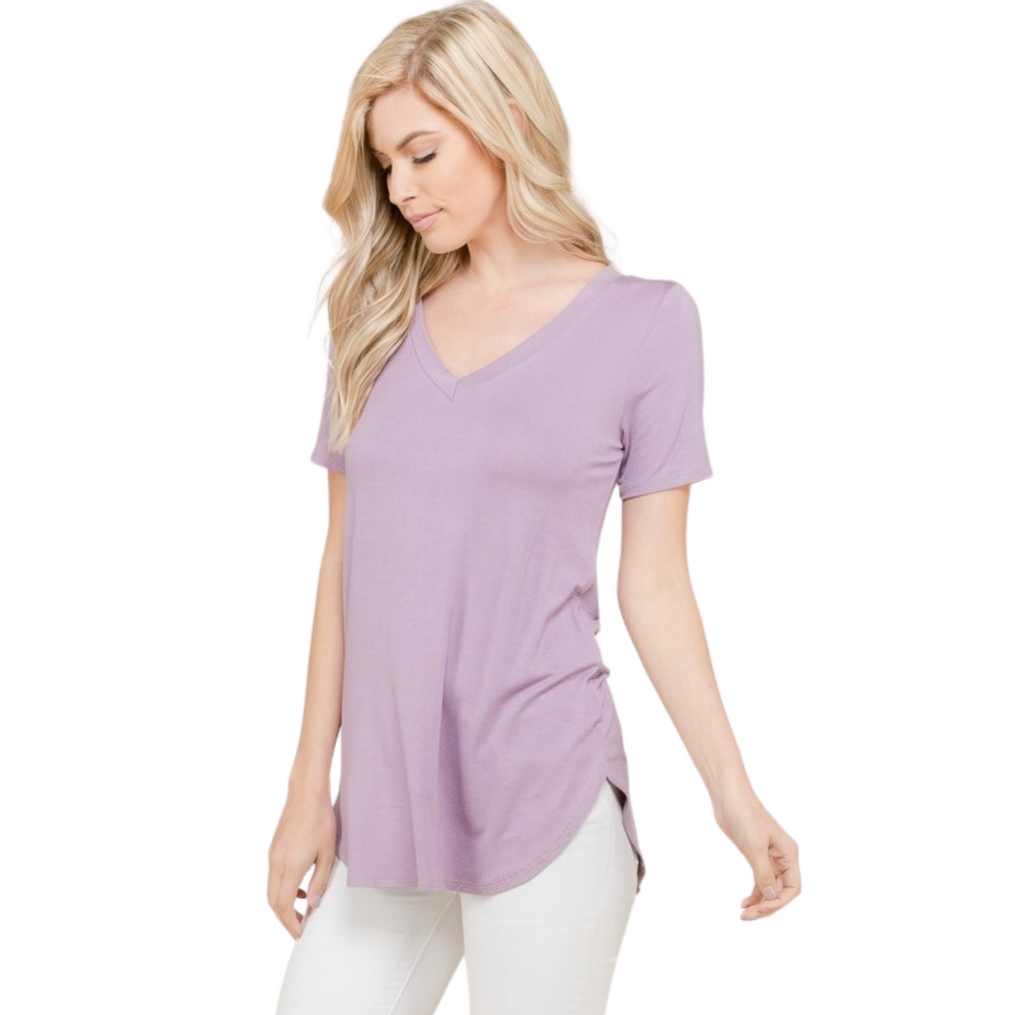 This Fitted V-Neck Tee is designed with plus size women in mind. With a variety of colors available, there is something for everyone. The flattering cut ensures a smooth silhouette for a flattering look.