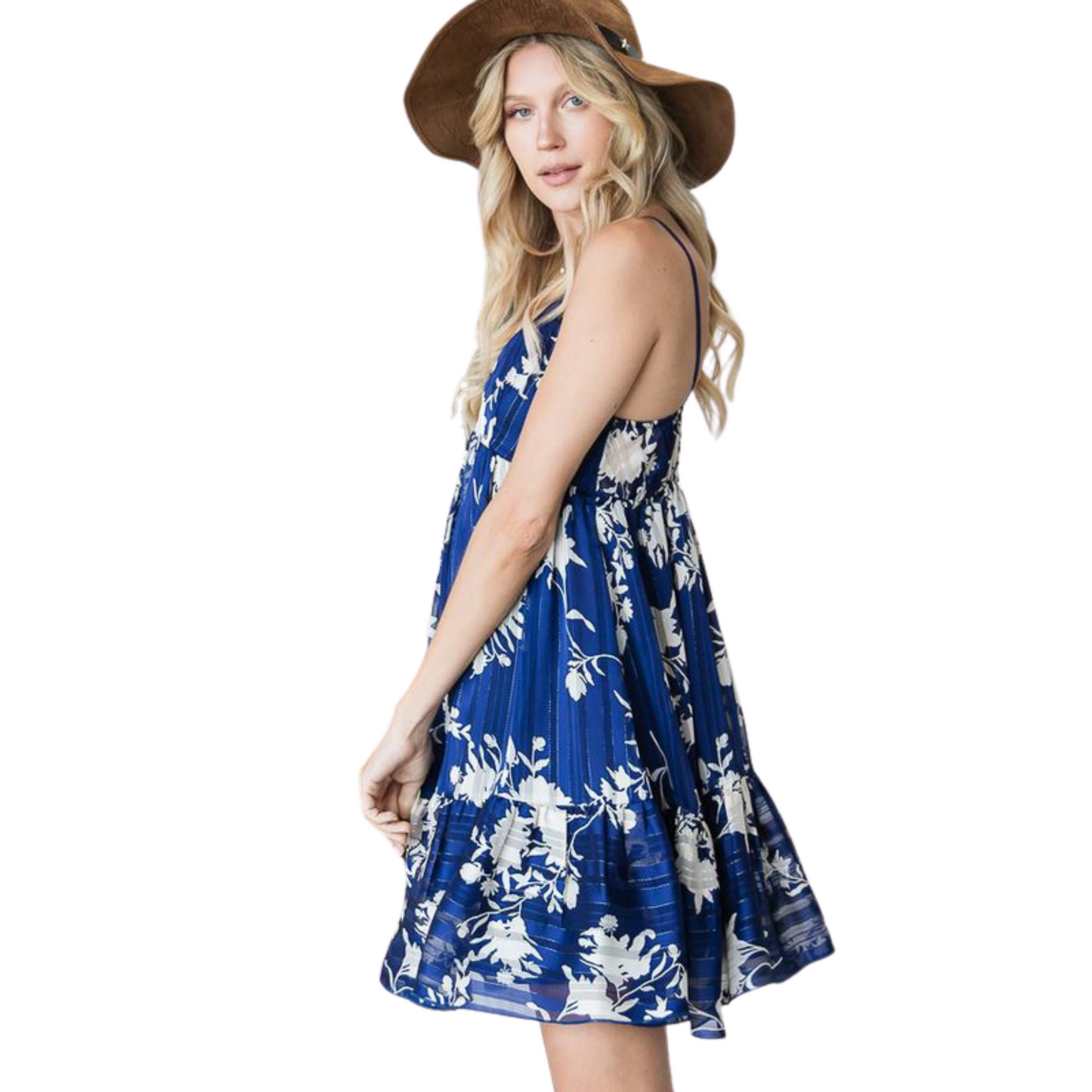This Floral Chiffon Empire Dress will have you looking your best. It features a spaghetti strap and mini dress cut in a bold blue color. Perfect for any formal occasions, its stylish design will let you stand out in the crowd.