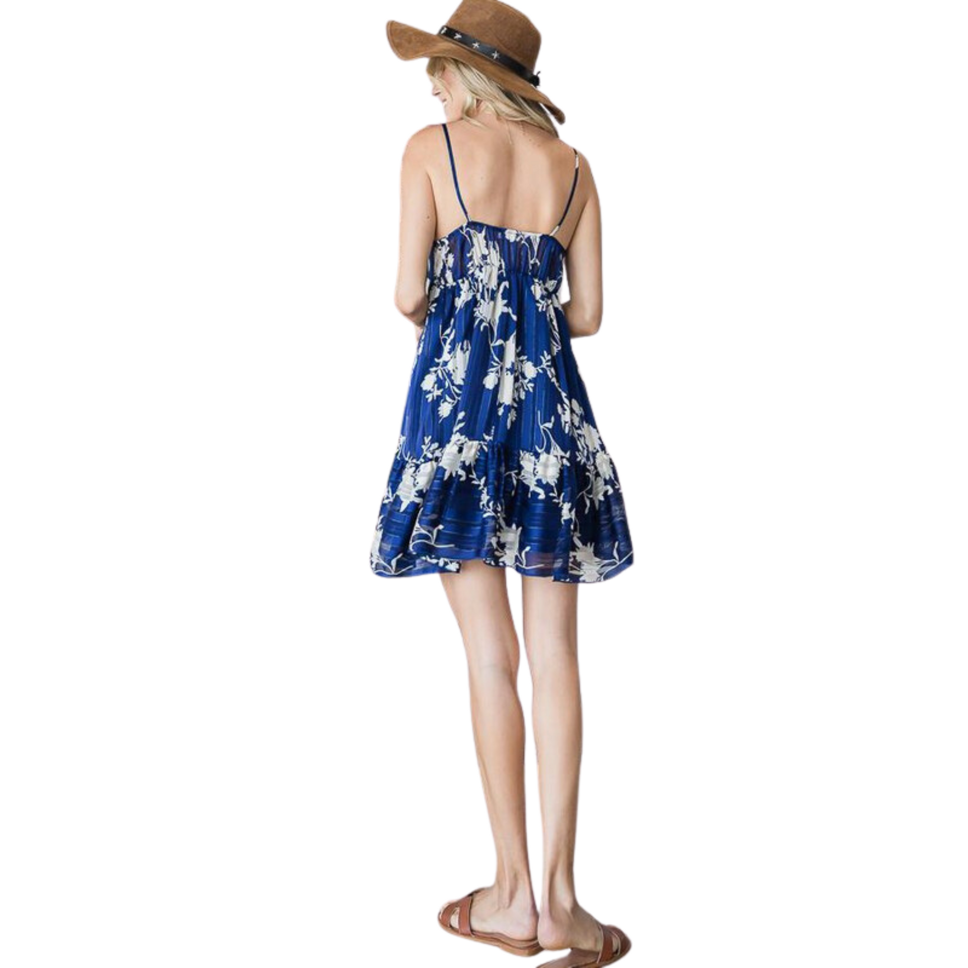 This Floral Chiffon Empire Dress will have you looking your best. It features a spaghetti strap and mini dress cut in a bold blue color. Perfect for any formal occasions, its stylish design will let you stand out in the crowd.