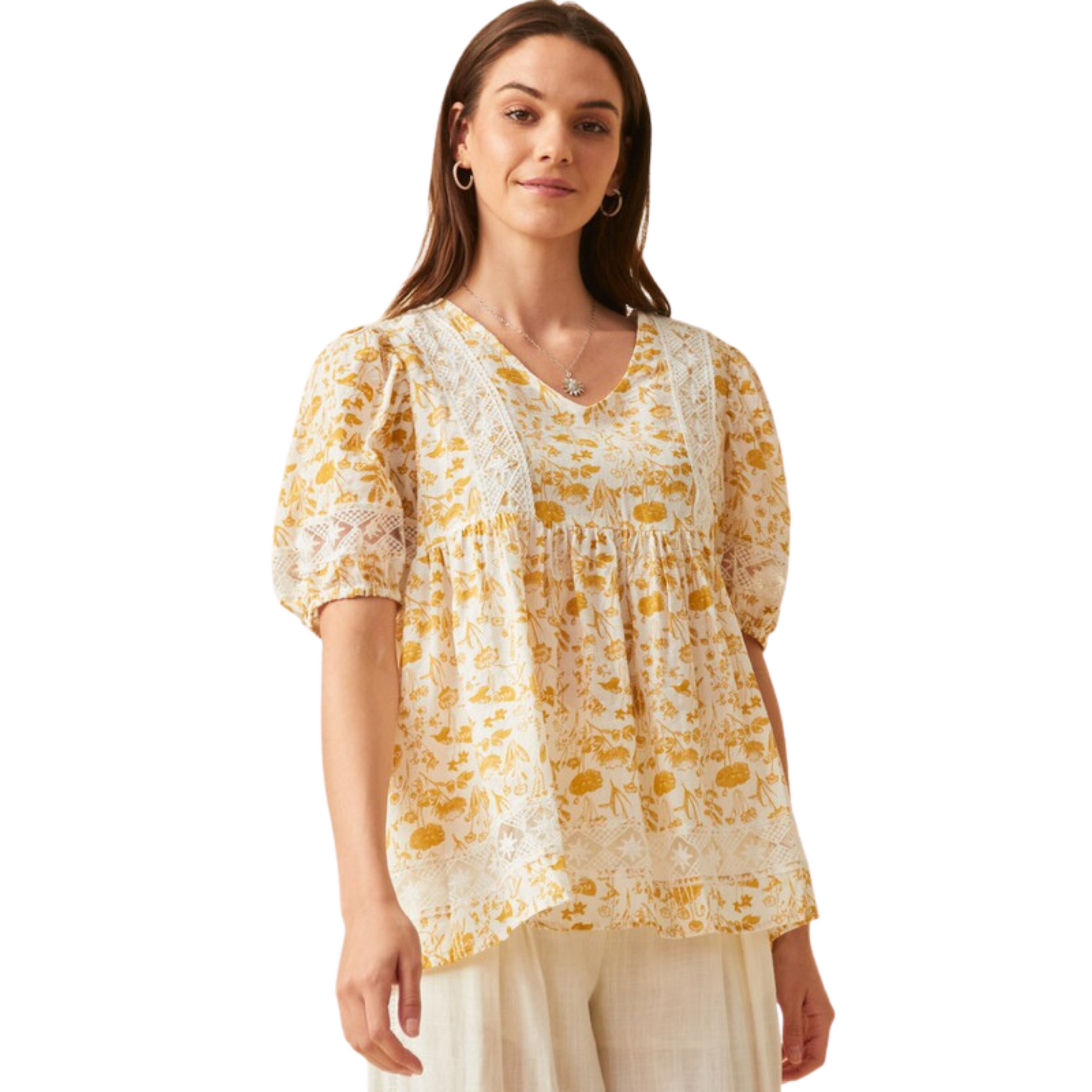 This Floral Lace Puff Sleeve Tunic Top is a stylish combination of modern and classic - featuring a yellow and white floral design, this babydoll top with puff sleeves is perfect for a daytime or evening look. The timeless lace detail is sure to make it a wardrobe staple.