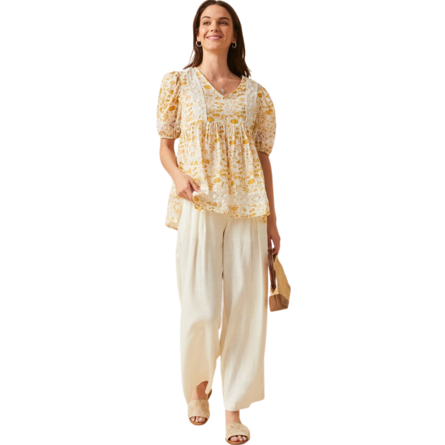 This Floral Lace Puff Sleeve Tunic Top is a stylish combination of modern and classic - featuring a yellow and white floral design, this babydoll top with puff sleeves is perfect for a daytime or evening look. The timeless lace detail is sure to make it a wardrobe staple.