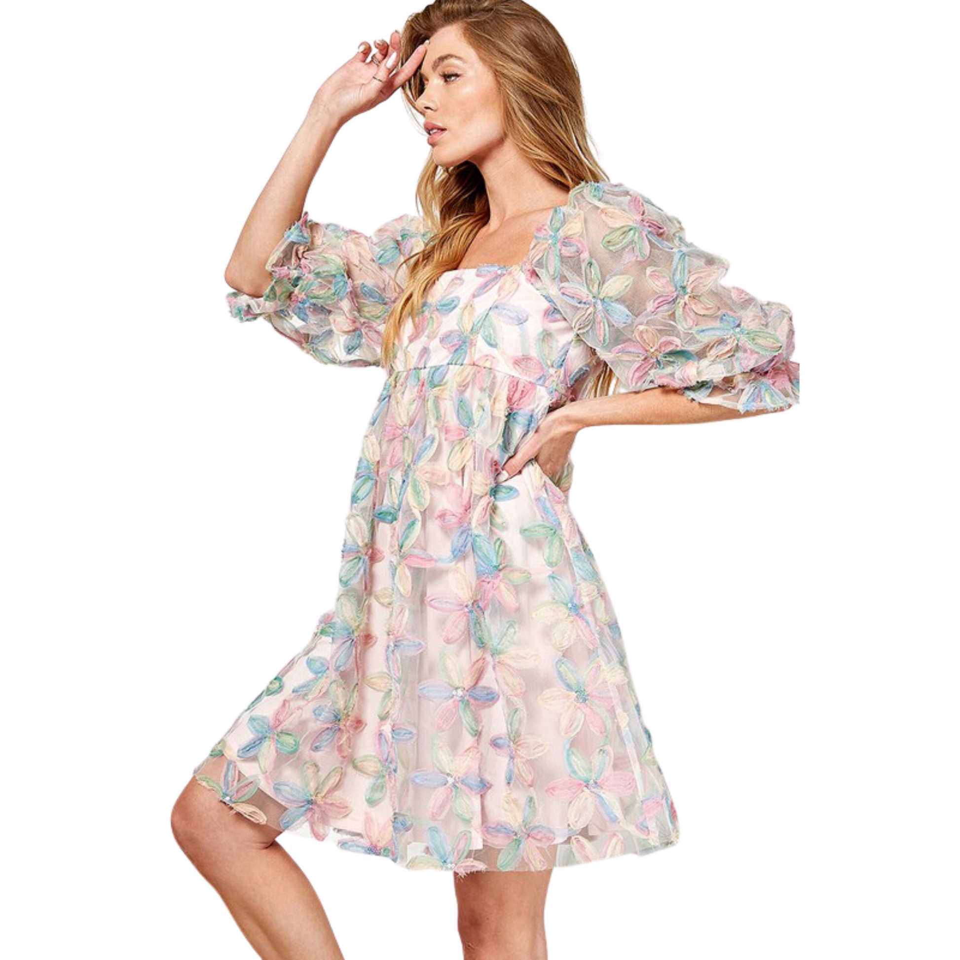 This Flower Detail Babydoll Dress is perfect for a special evening out! Its unique 3D design and sheer overlay provide a beautiful contrast, while the mini dress silhouette will flatter any body type. Look and feel amazing in this gorgeous dress!