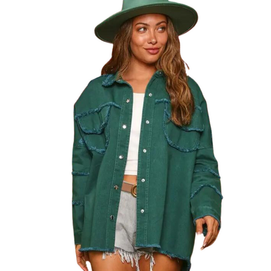 Look stylish and stay warm in this green frayed woven shacket. Featuring a collared neckline, a button-up front, and warm fabric, this shacket is perfect for the colder months. It's sure to become a staple in your wardrobe.