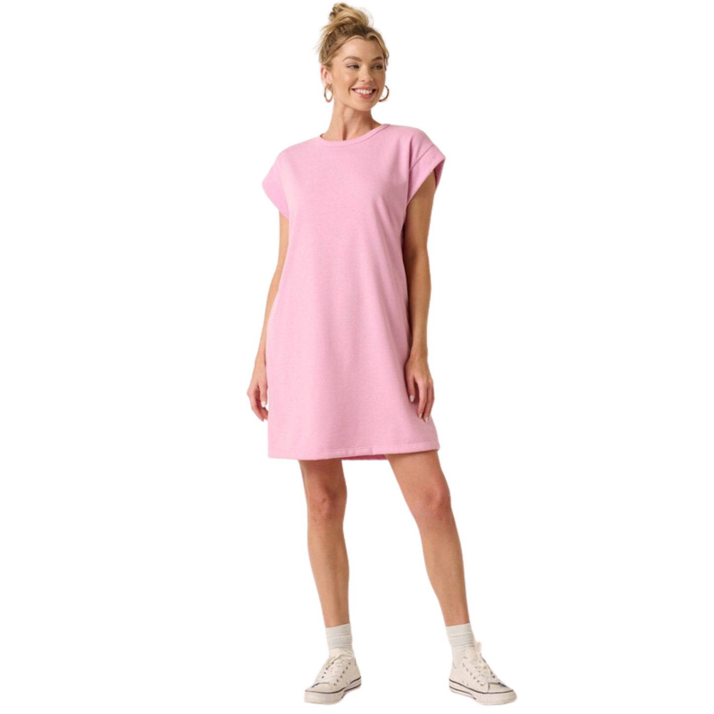 Crafted in a luxe French Terry, this mini dress comes in perfect Pink, Blue, and Black hues. It's designed with a classic sweatshirt dress silhouette and short sleeves, perfect for casual weekend days and laid-back office looks.